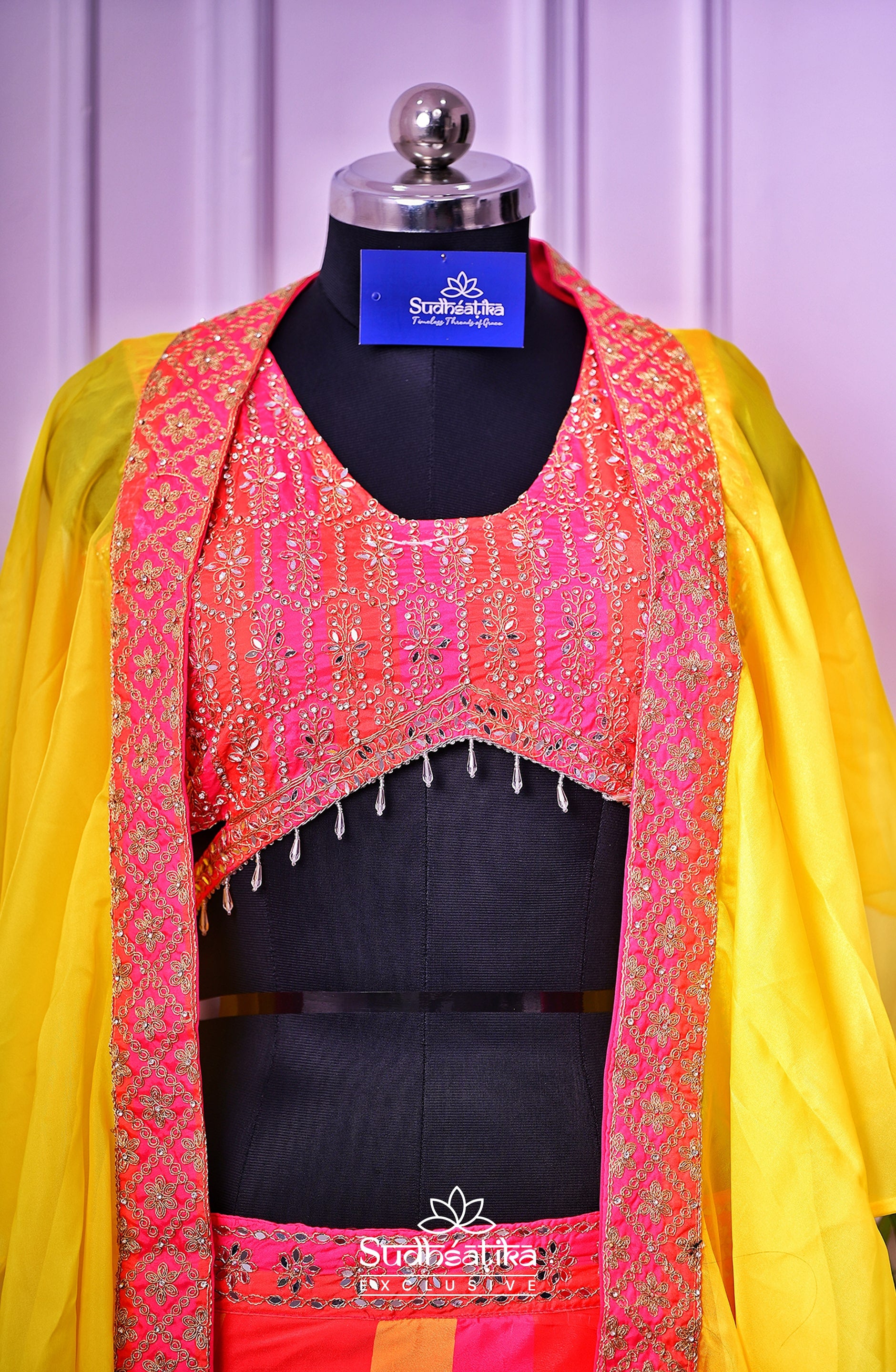 Baag-e-Rang Silk Fusion Lehenga (Pink-Orange-Yellow Multi-tone)