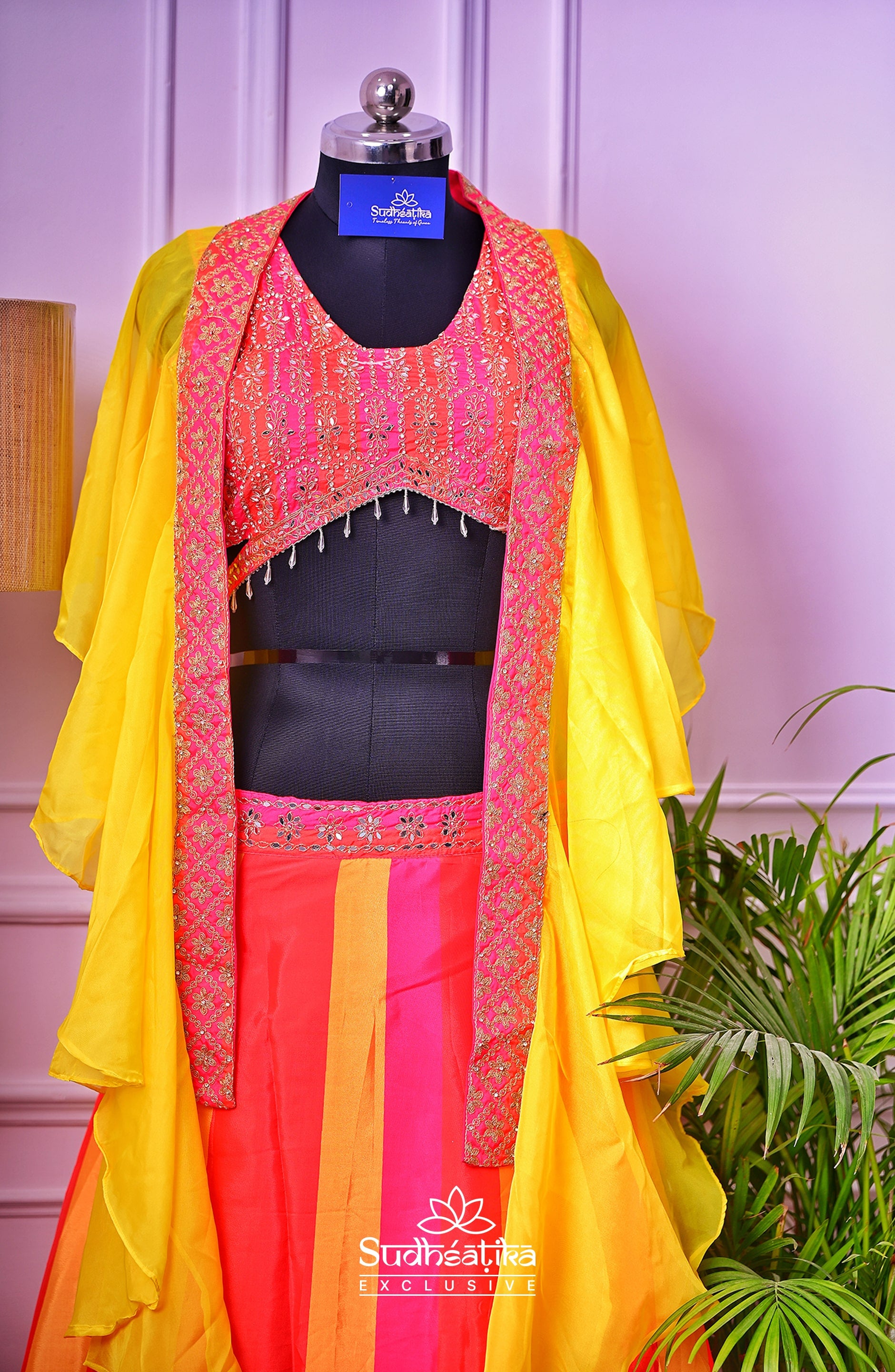 Baag-e-Rang Silk Fusion Lehenga (Pink-Orange-Yellow Multi-tone)
