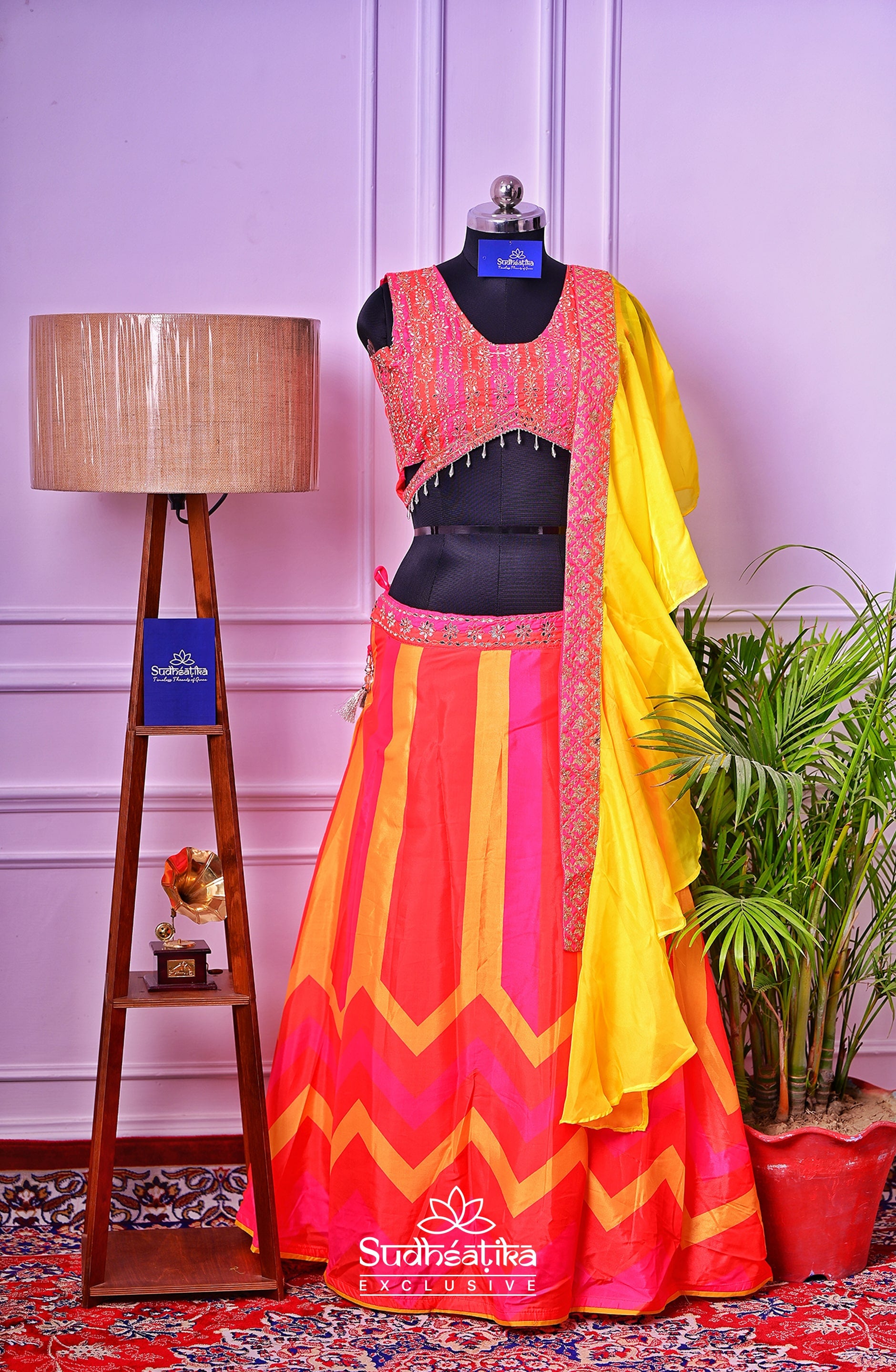 Baag-e-Rang Silk Fusion Lehenga (Pink-Orange-Yellow Multi-tone)