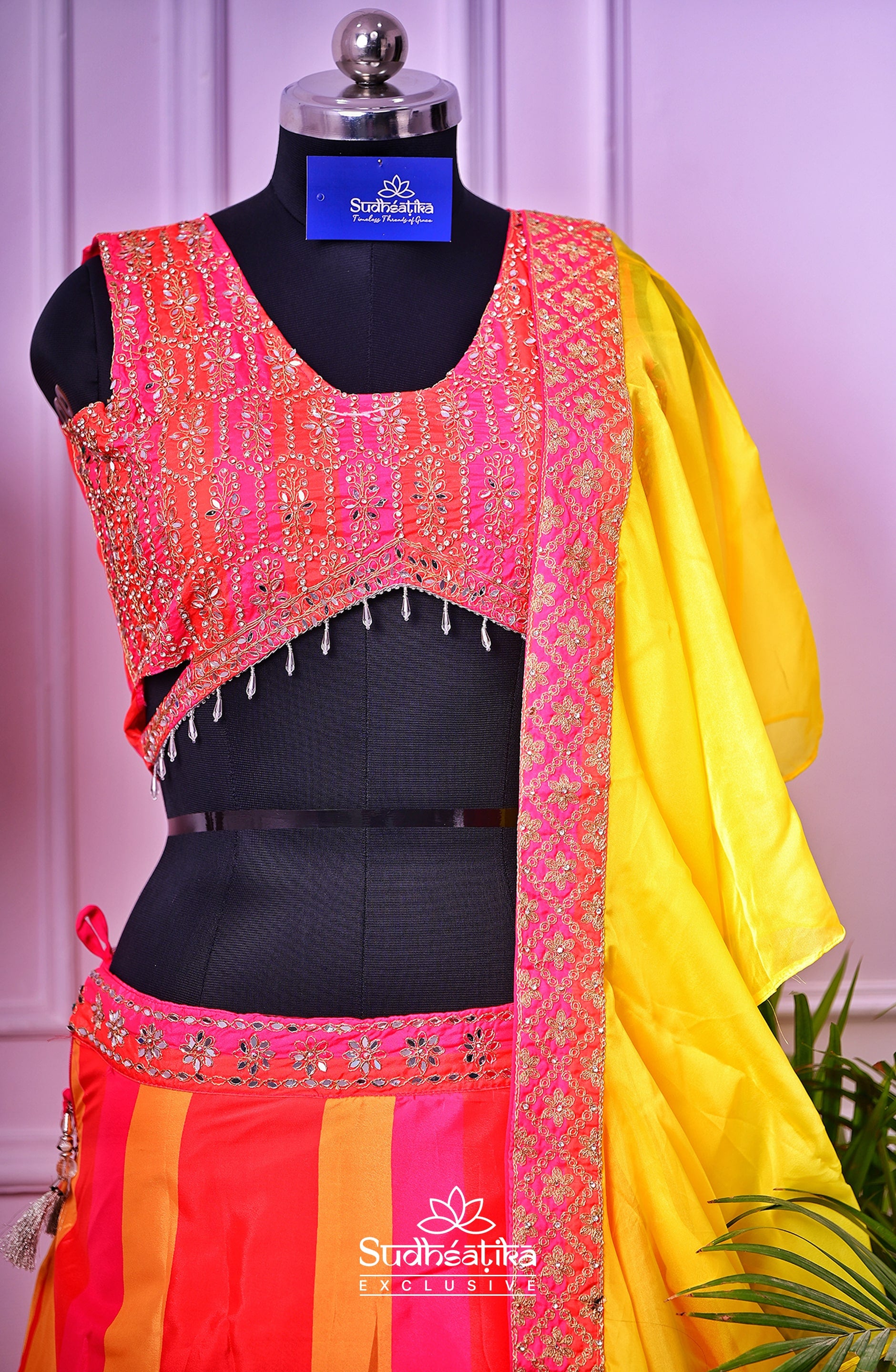 Baag-e-Rang Silk Fusion Lehenga (Pink-Orange-Yellow Multi-tone)