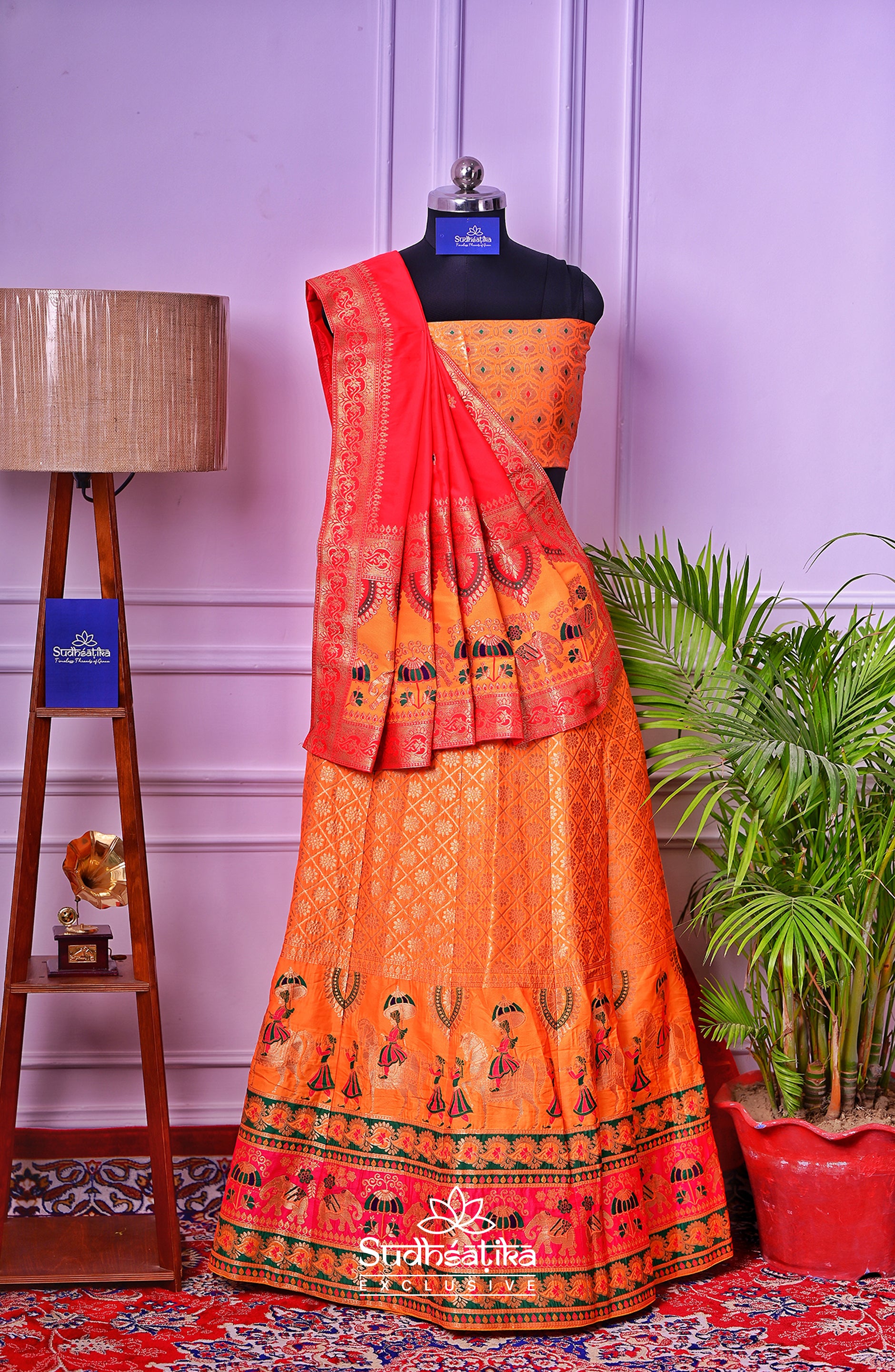 Rang Mahal Orange Handwoven Banarsi Lehenga Set with Unstitched Blouse
