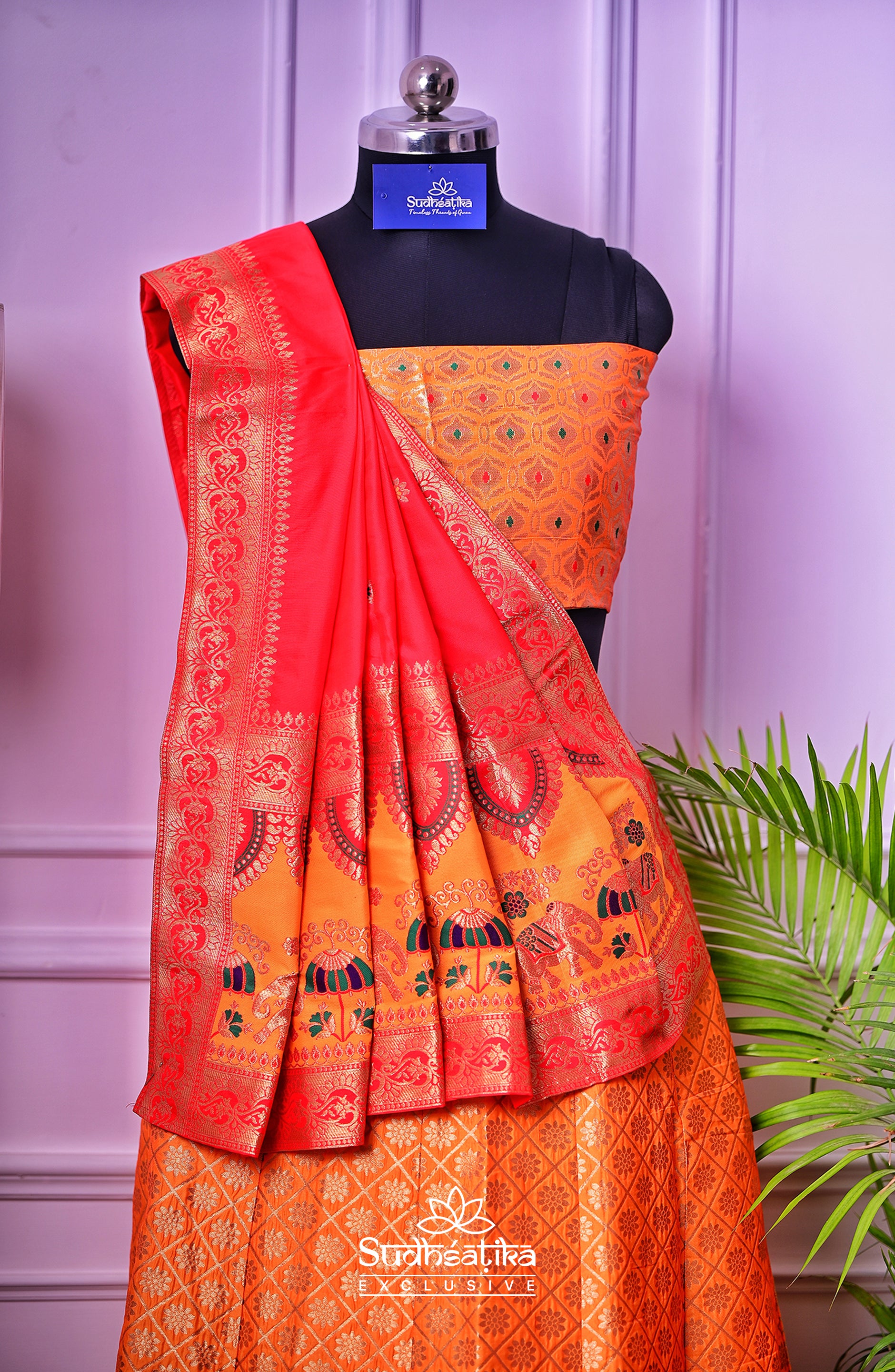 Rang Mahal Orange Handwoven Banarsi Lehenga Set with Unstitched Blouse