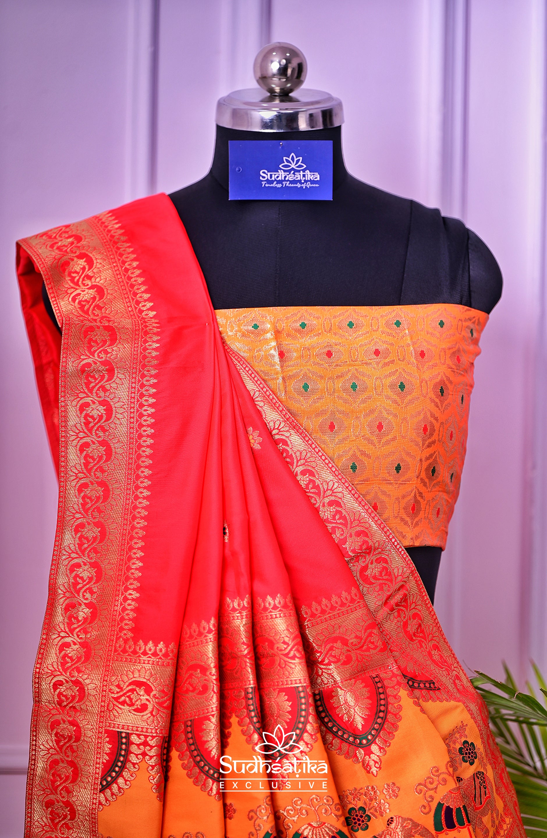 Rang Mahal Orange Handwoven Banarsi Lehenga Set with Unstitched Blouse