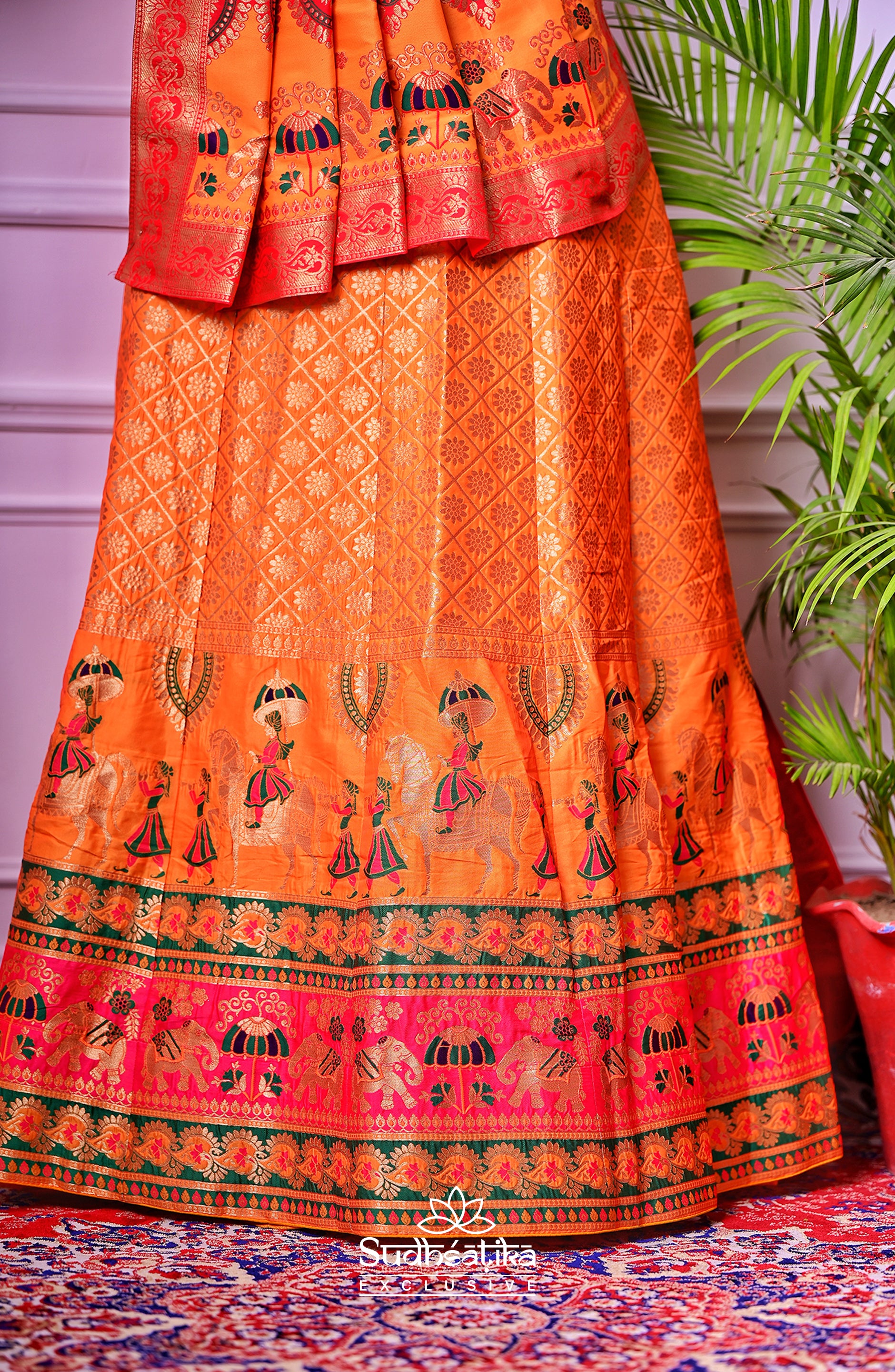 Rang Mahal Orange Handwoven Banarsi Lehenga Set with Unstitched Blouse