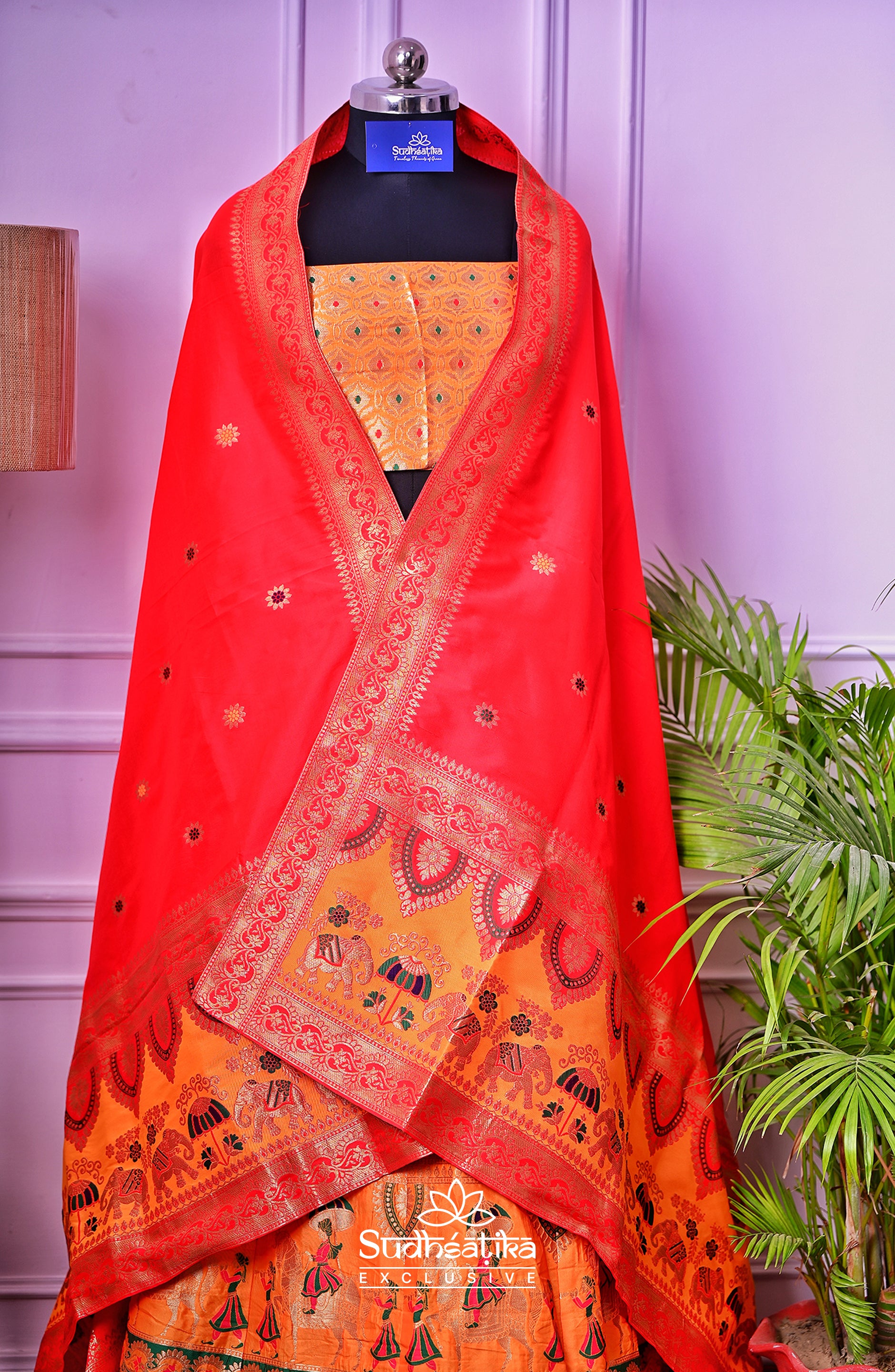 Rang Mahal Orange Handwoven Banarsi Lehenga Set with Unstitched Blouse