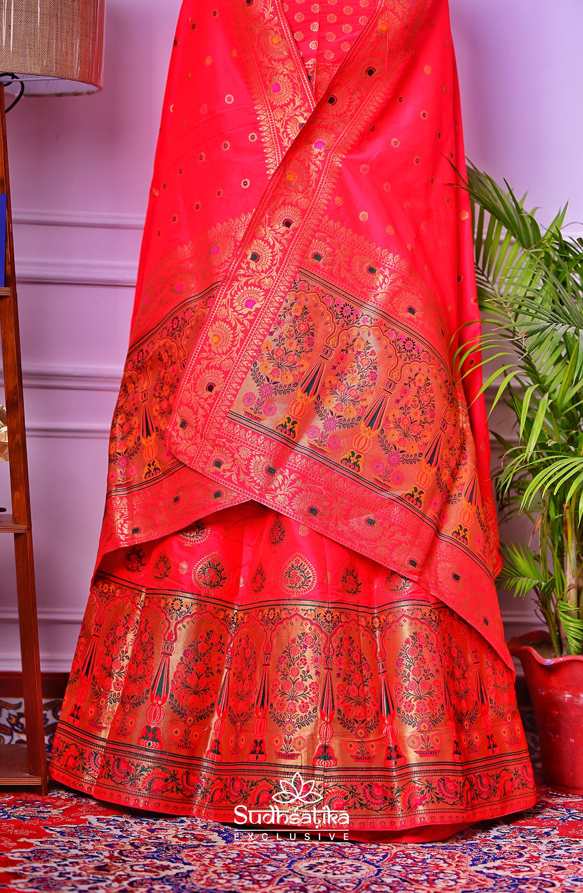 Rooh-e-Rang Red Banarasi Zari Lehenga Set with Unstitched Blouse