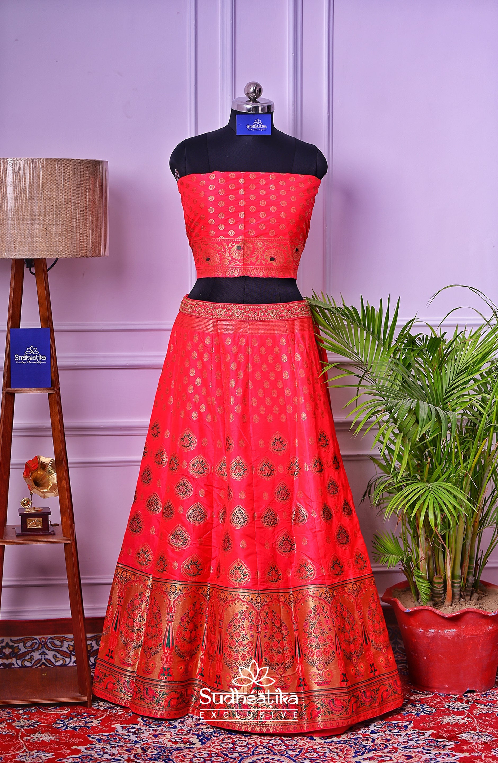 Rooh-e-Rang Red Banarasi Zari Lehenga Set with Unstitched Blouse