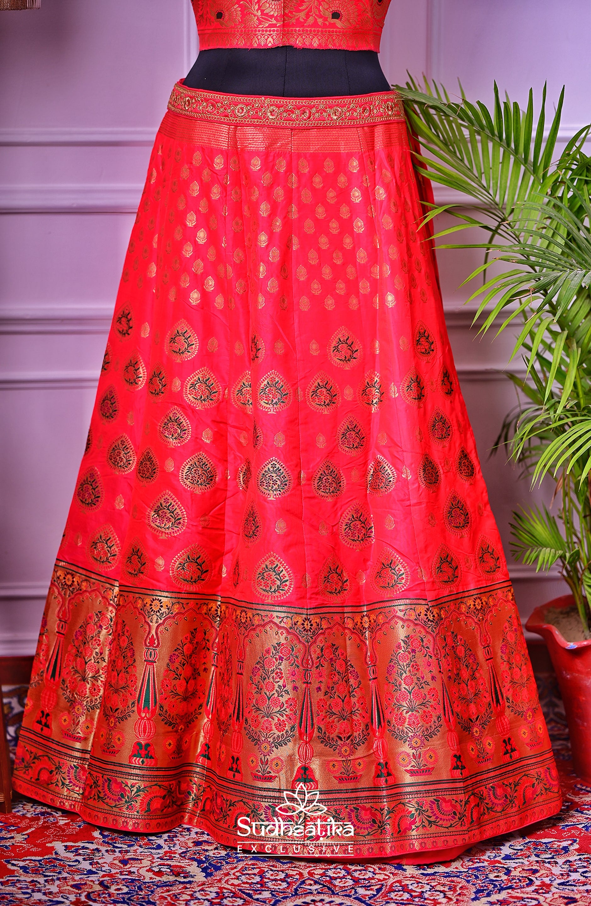 Rooh-e-Rang Red Banarasi Zari Lehenga Set with Unstitched Blouse