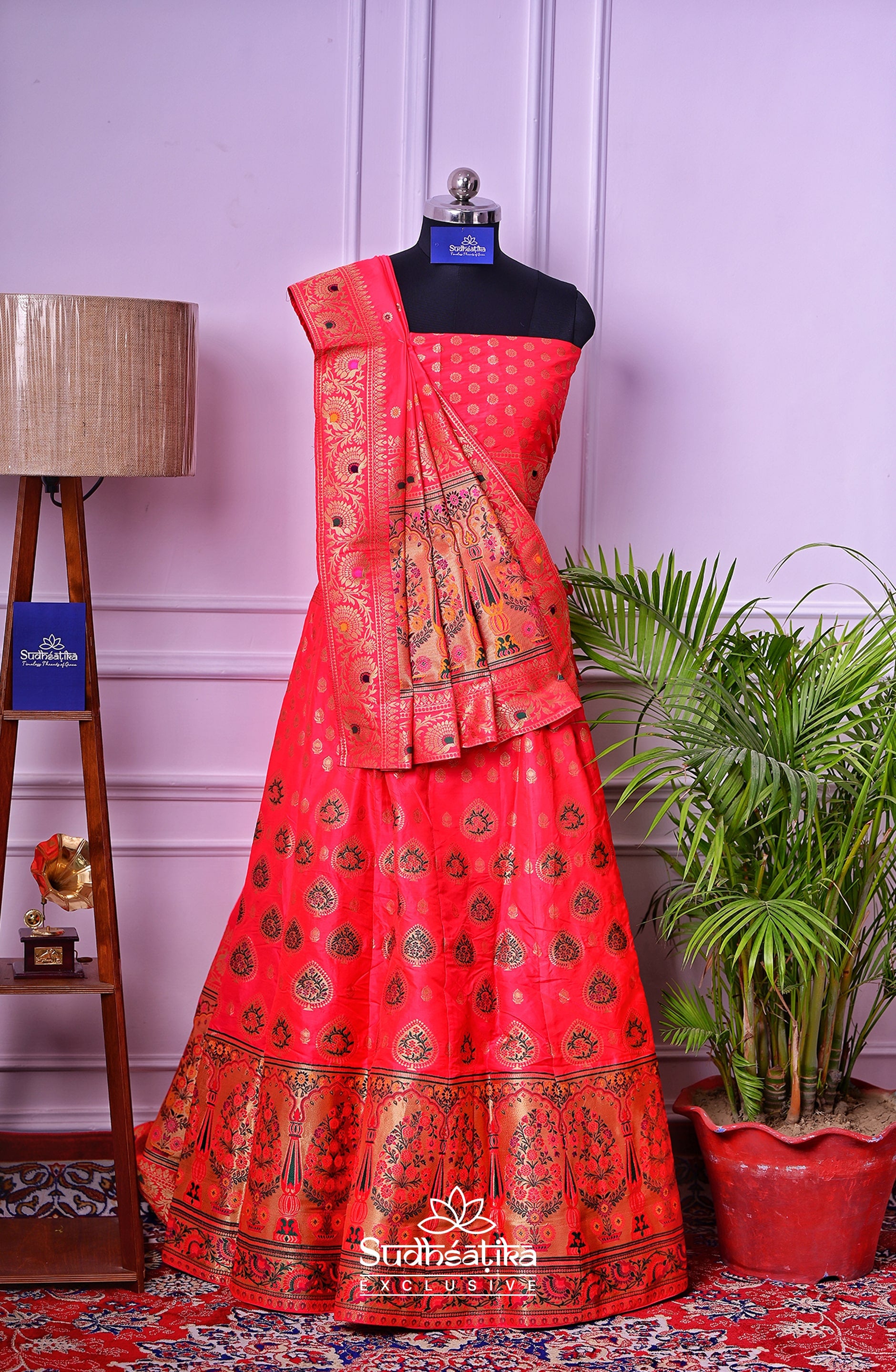 Rooh-e-Rang Red Banarasi Zari Lehenga Set with Unstitched Blouse