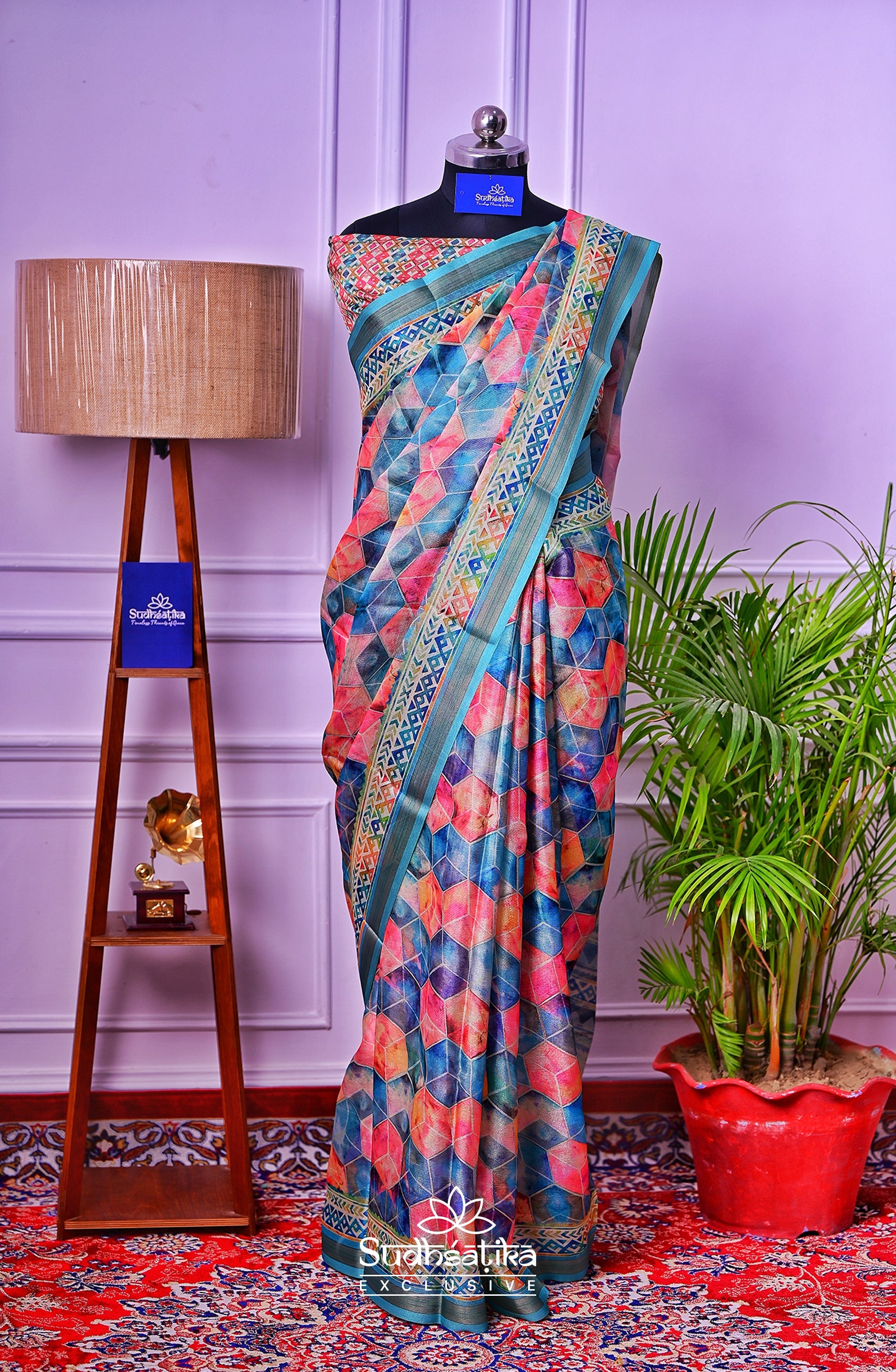 Pink-Green Cubic Illusion with Teal Border Digital Print Saree