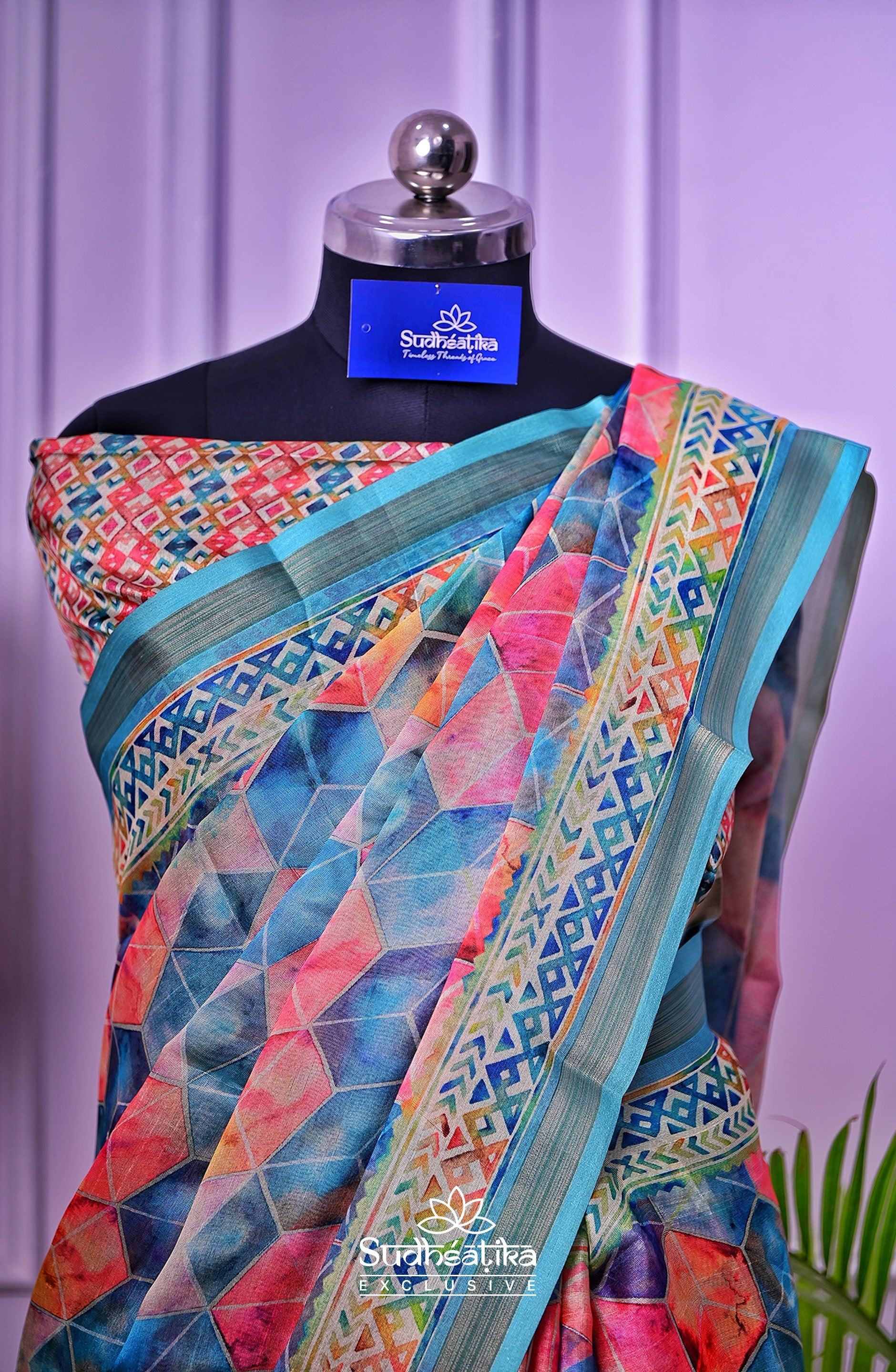 Pink-Green Cubic Illusion with Teal Border Digital Print Saree