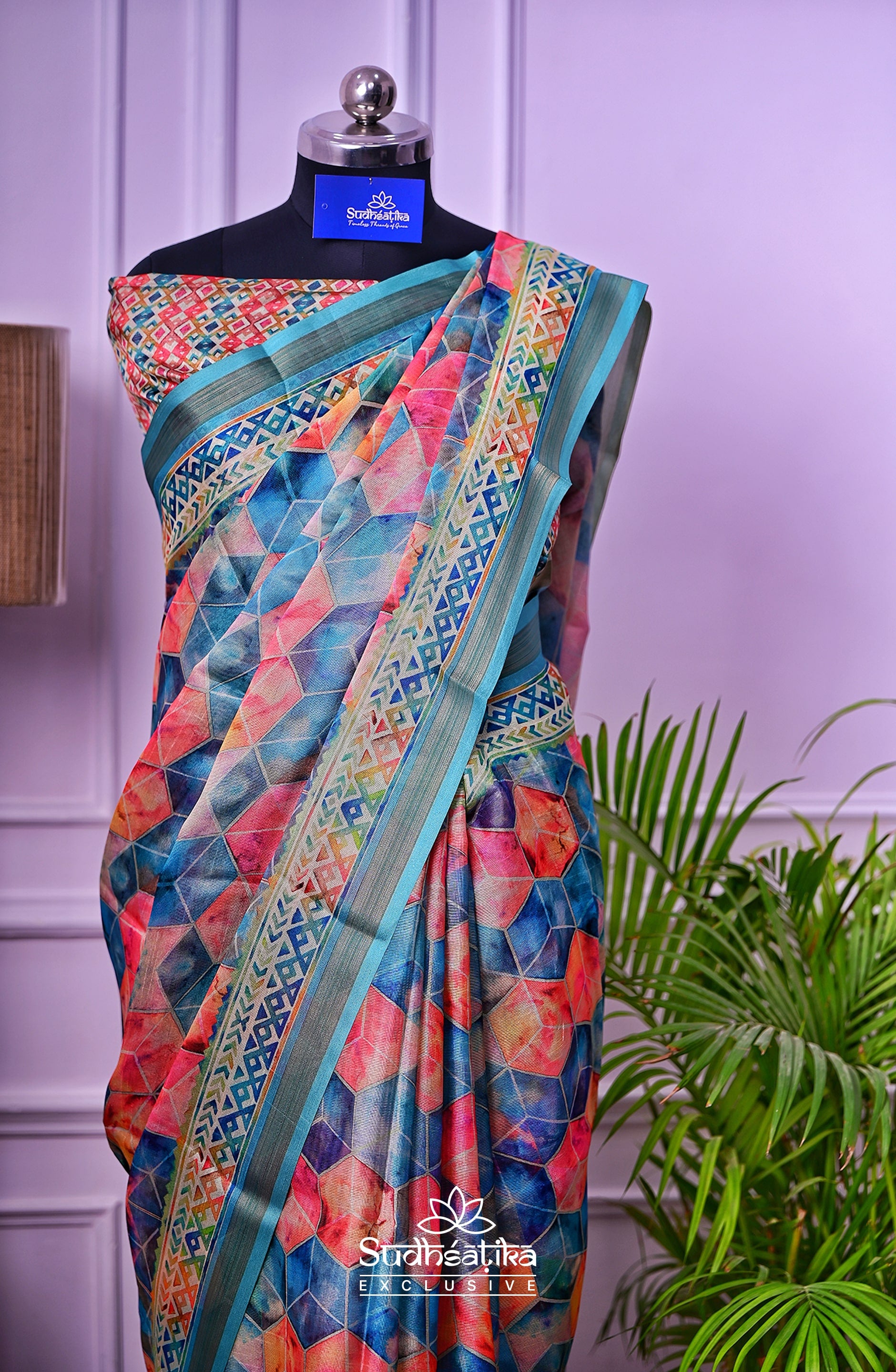 Pink-Green Cubic Illusion with Teal Border Digital Print Saree