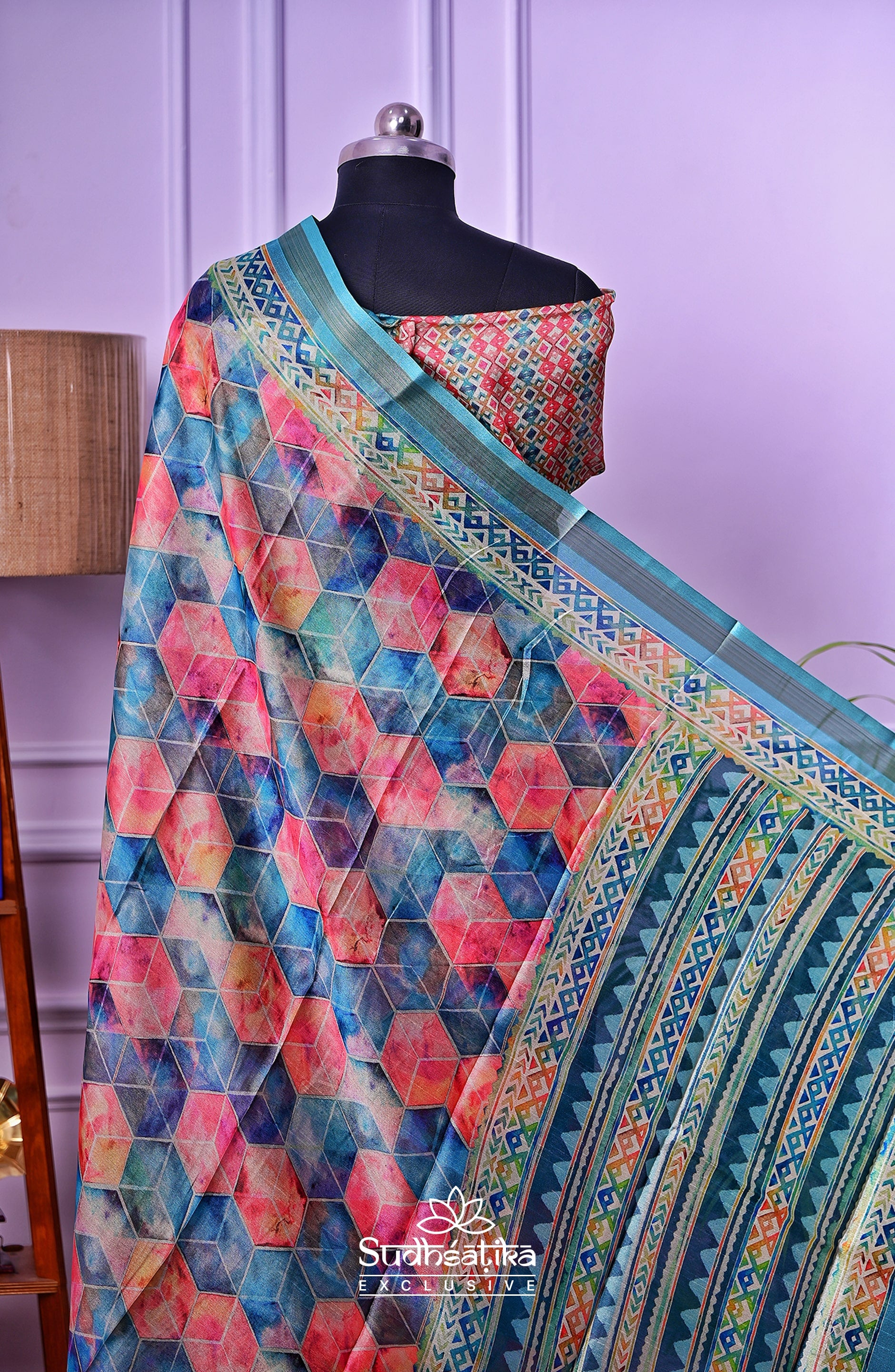 Pink-Green Cubic Illusion with Teal Border Digital Print Saree