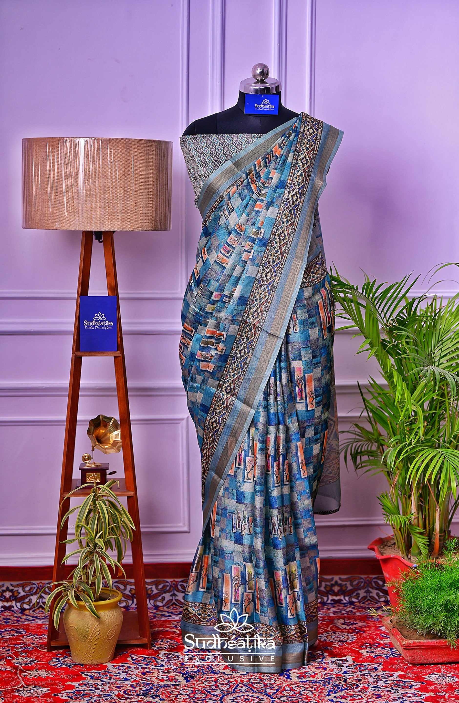 Twilight Trees – Blue Abstract Digital Saree
