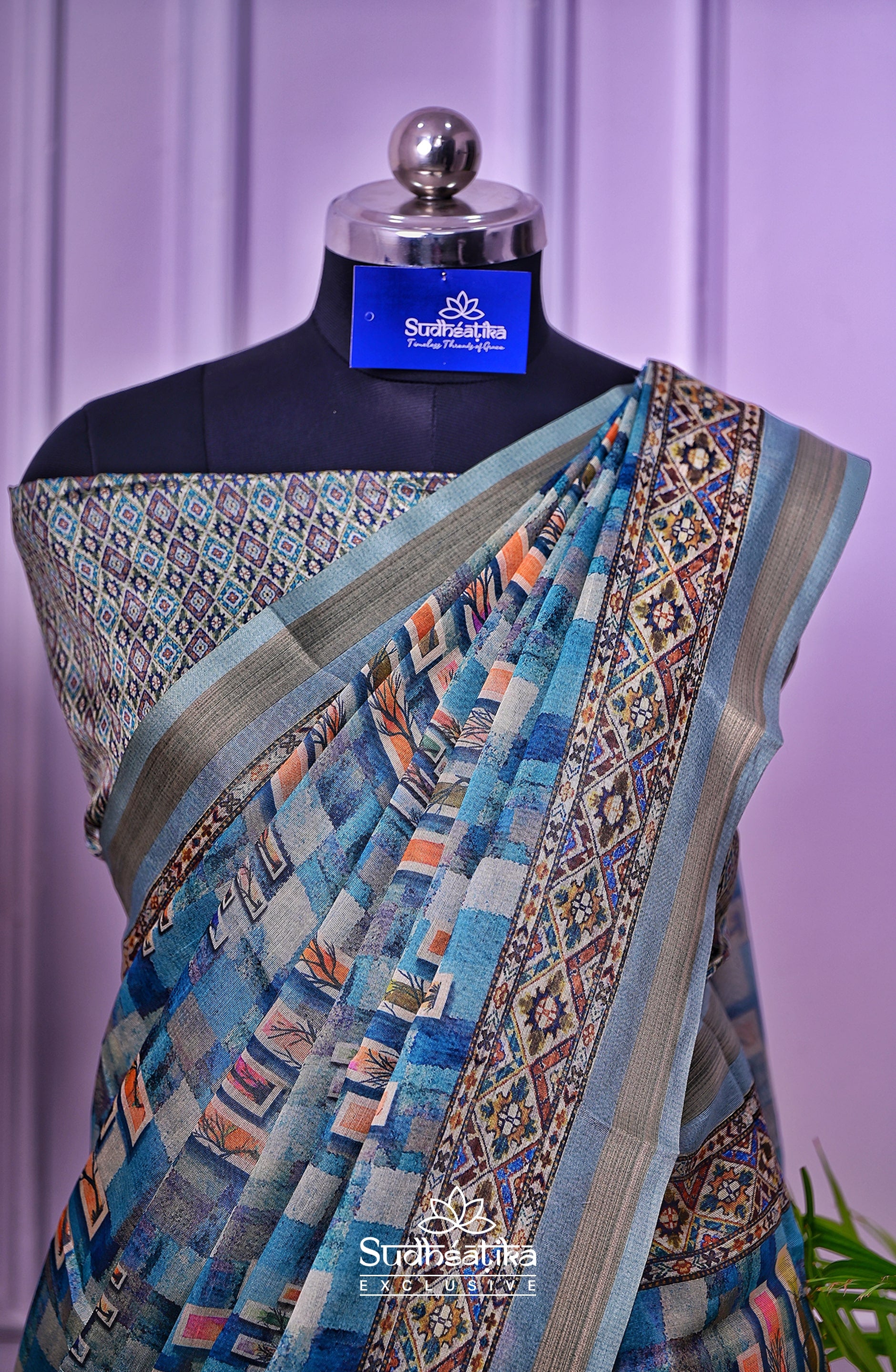 Twilight Trees – Blue Abstract Digital Saree