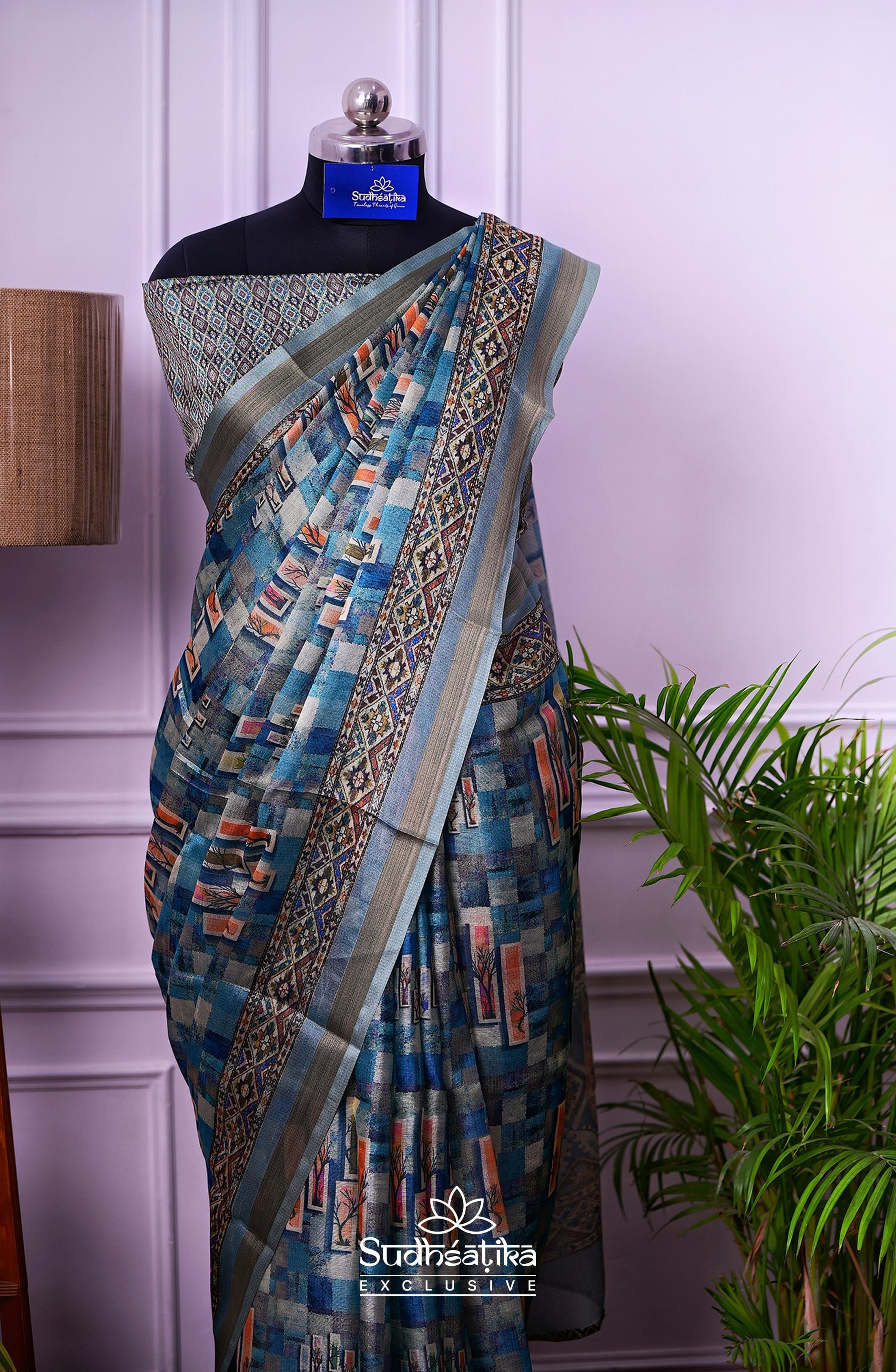 Twilight Trees – Blue Abstract Digital Saree