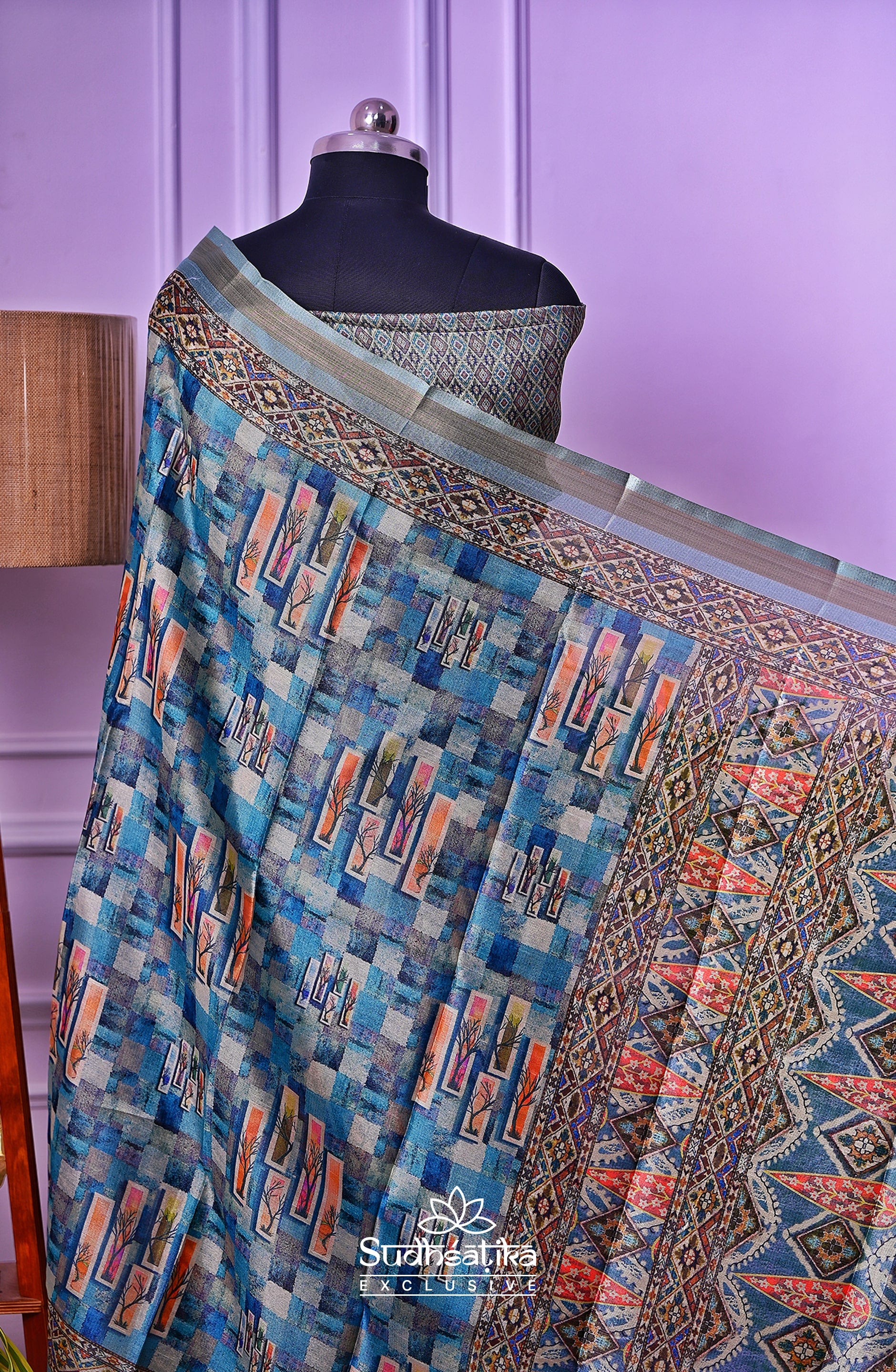 Twilight Trees – Blue Abstract Digital Saree