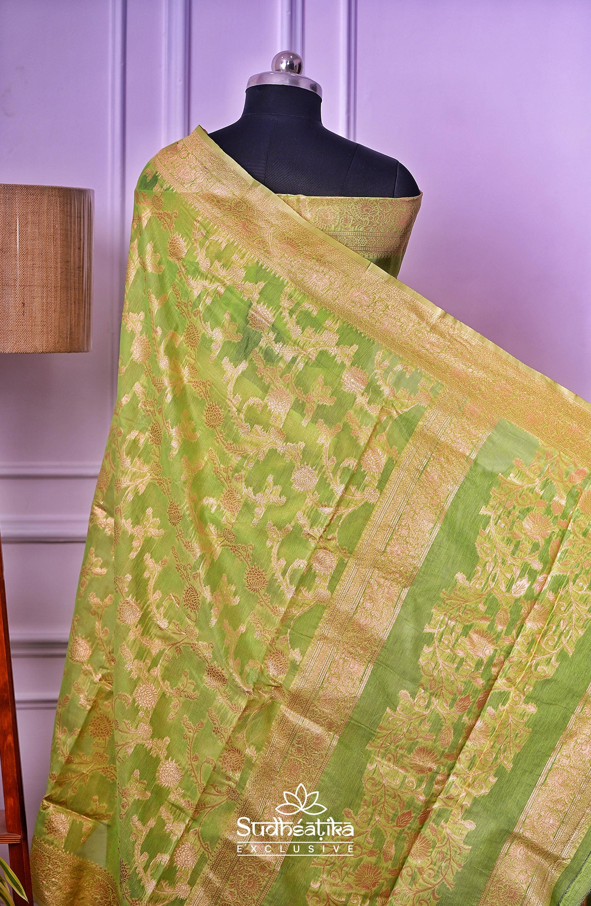 Parrot Green Banarsi Cotton Silk Lightweight
