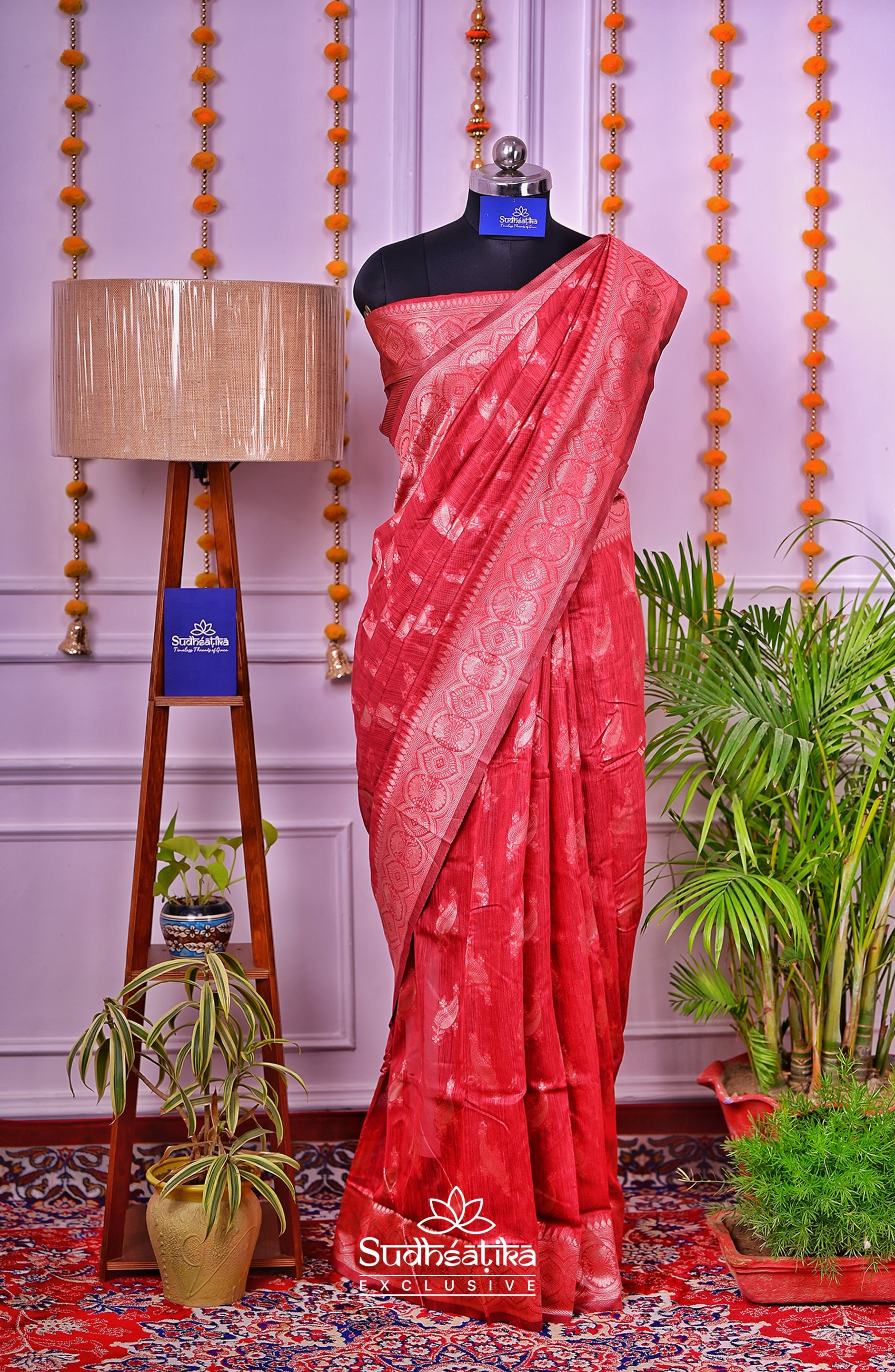 Red Linen Silk Saree Lightweight