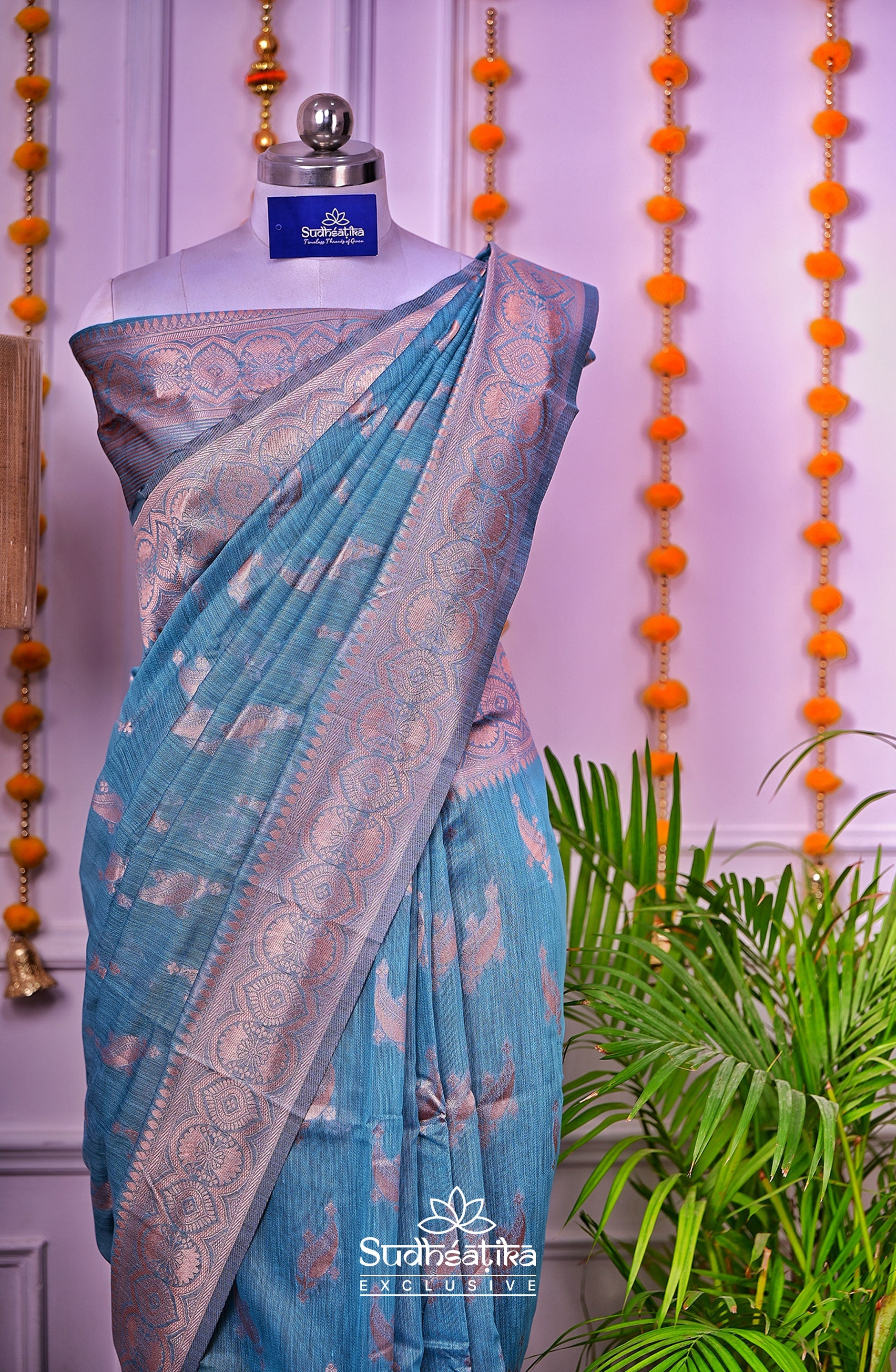 Teal Blue Linen Silk Saree Lightweight