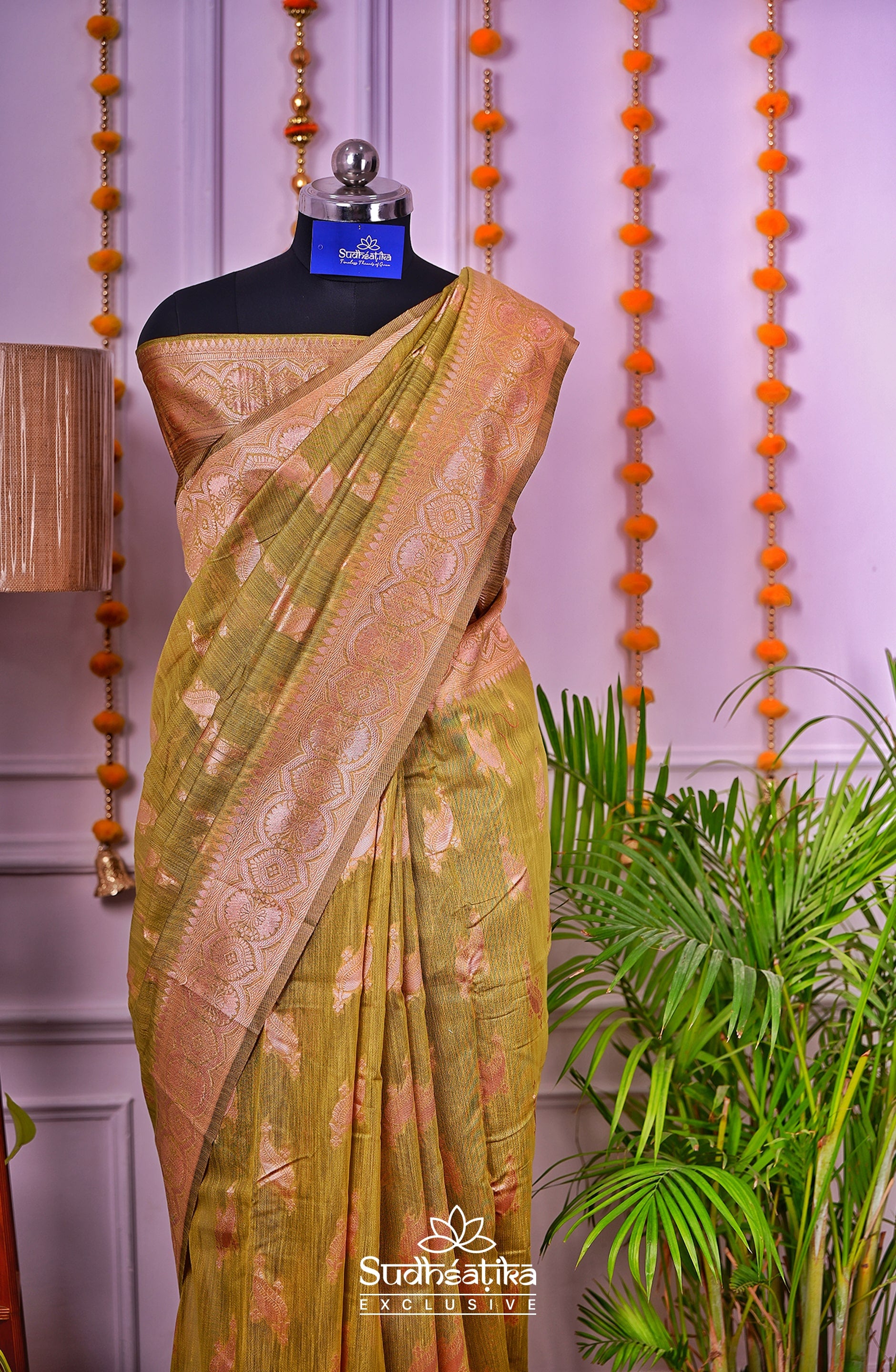 Mehandi Linen Silk Saree Lightweight