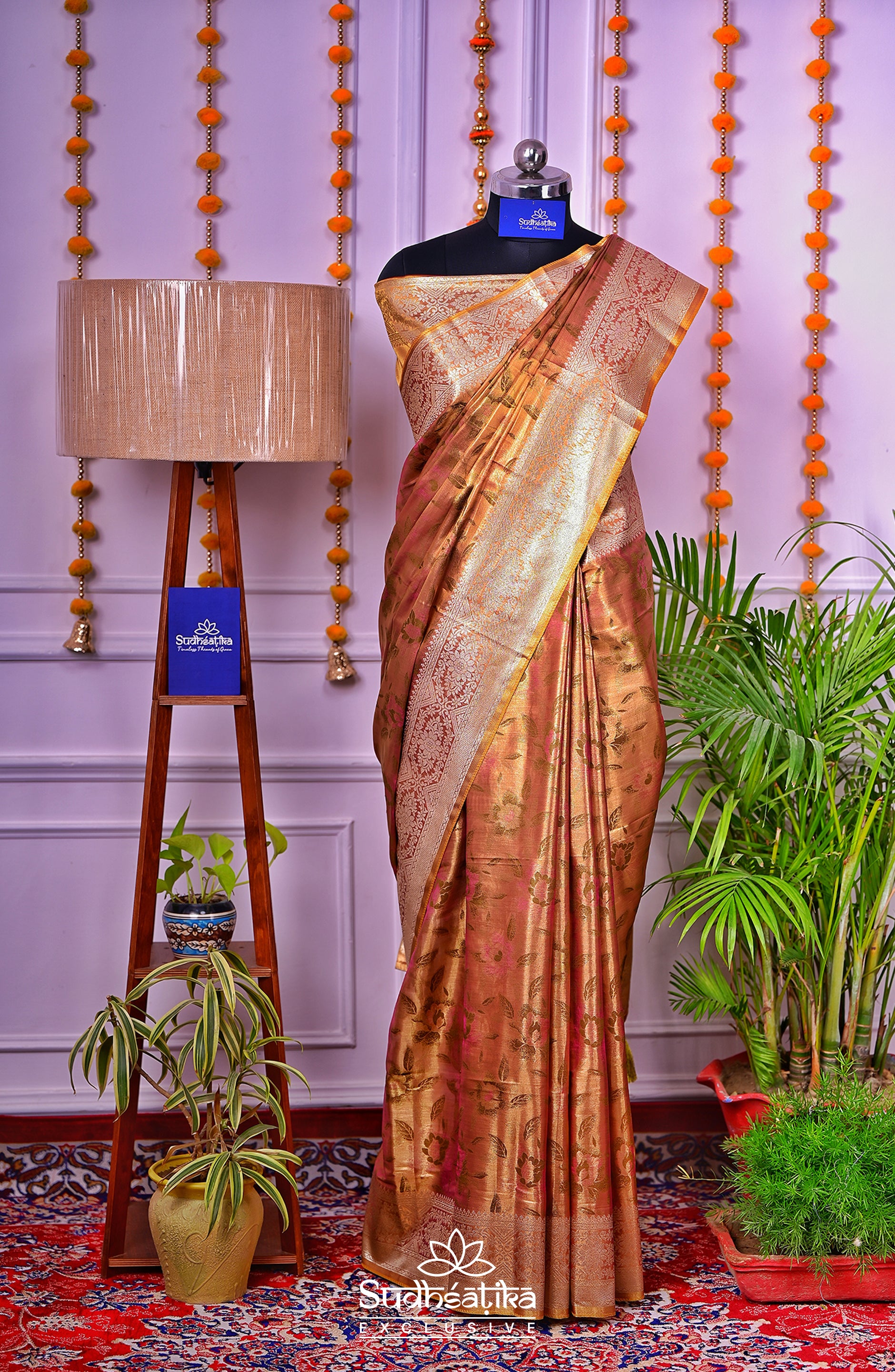 Golden-Olive Green Metallic Banarasi Tissue Silk Lightweight