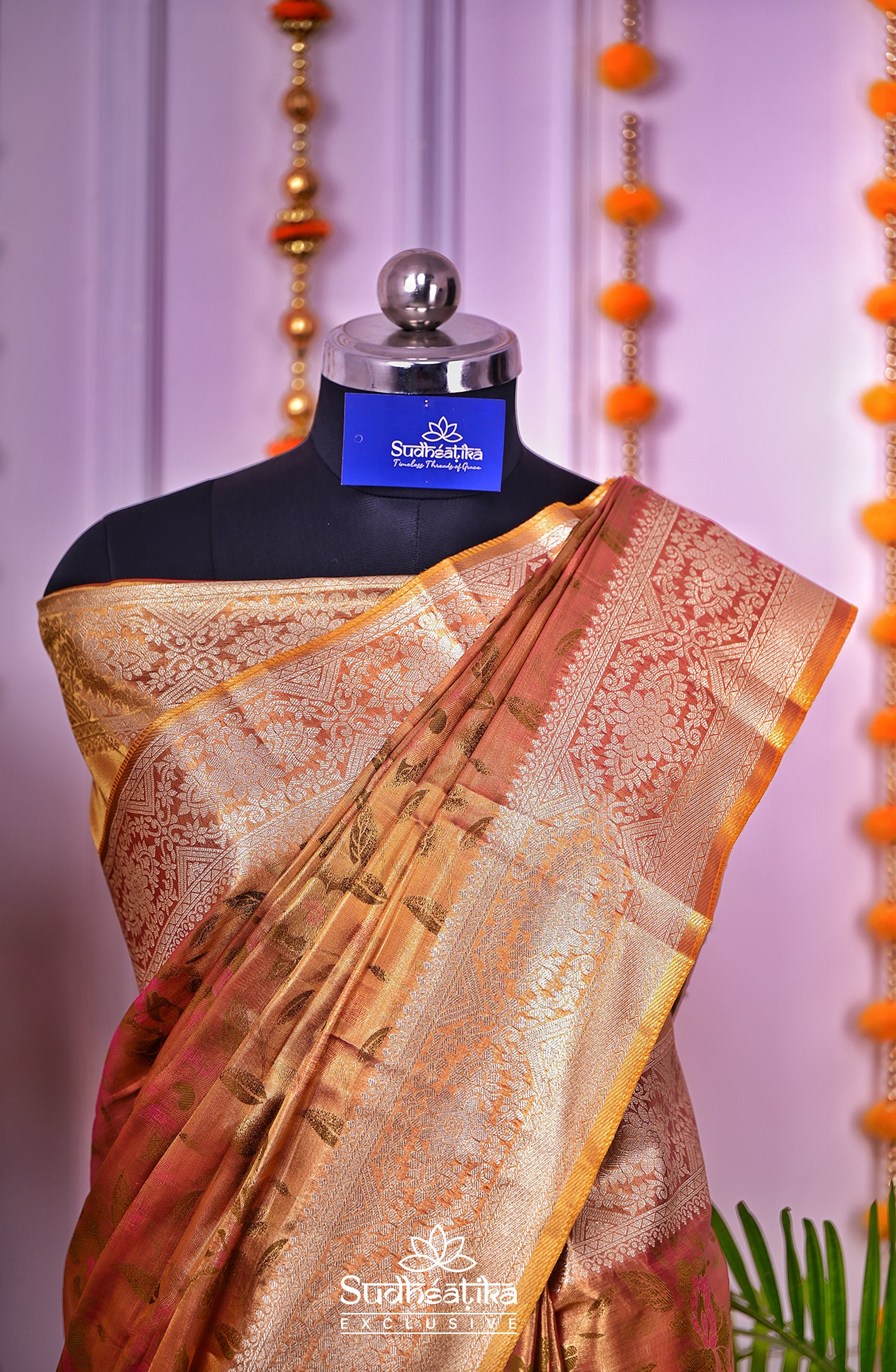 Golden-Olive Green Metallic Banarasi Tissue Silk Lightweight