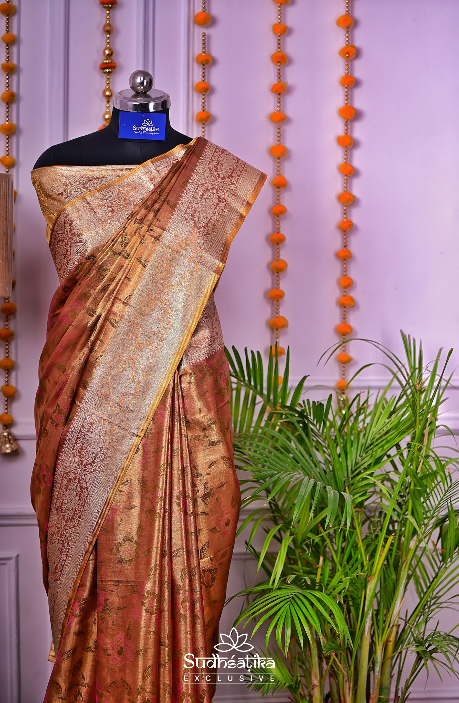 Golden-Olive Green Metallic Banarasi Tissue Silk Lightweight