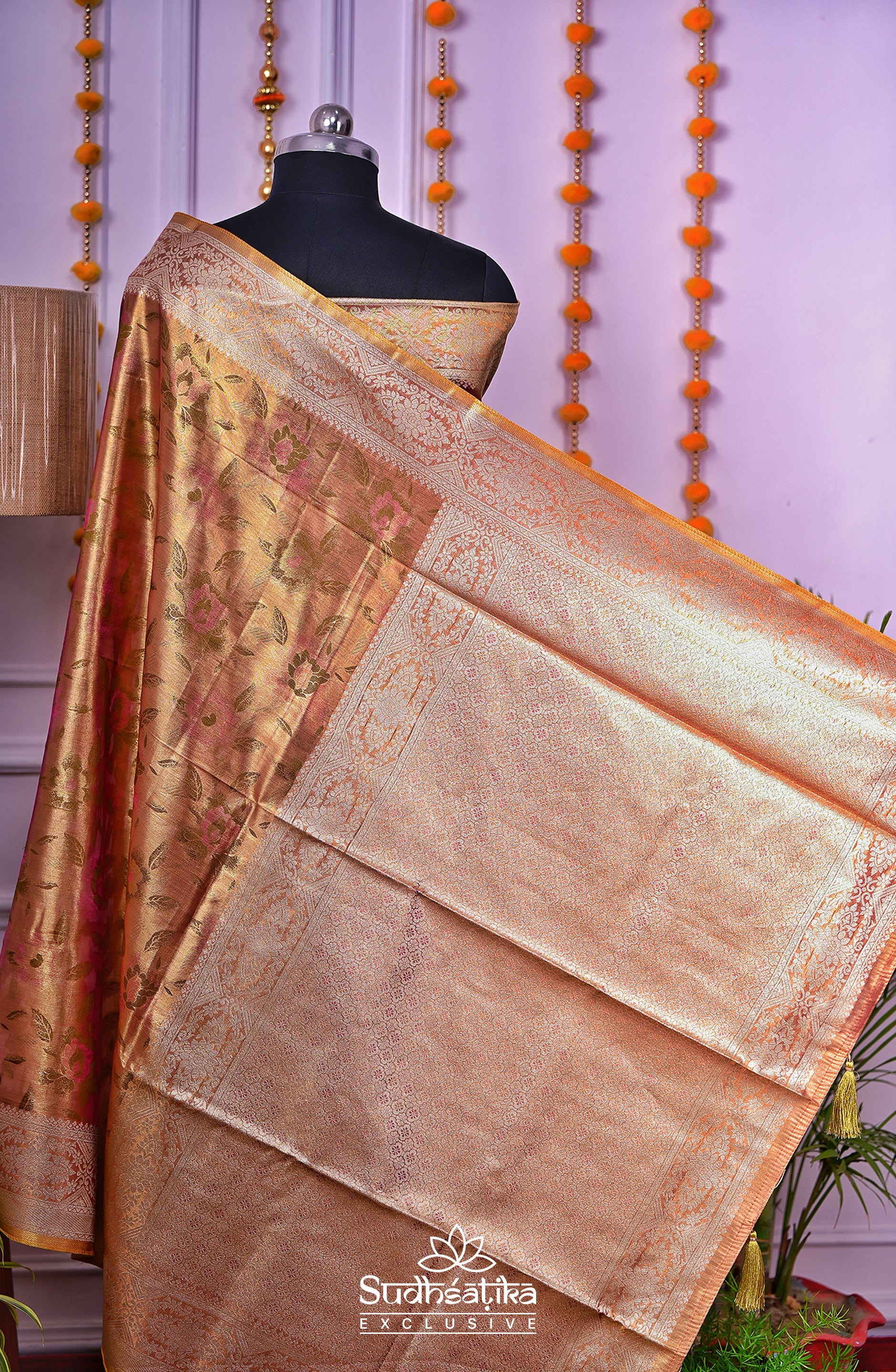 Golden-Olive Green Metallic Banarasi Tissue Silk Lightweight