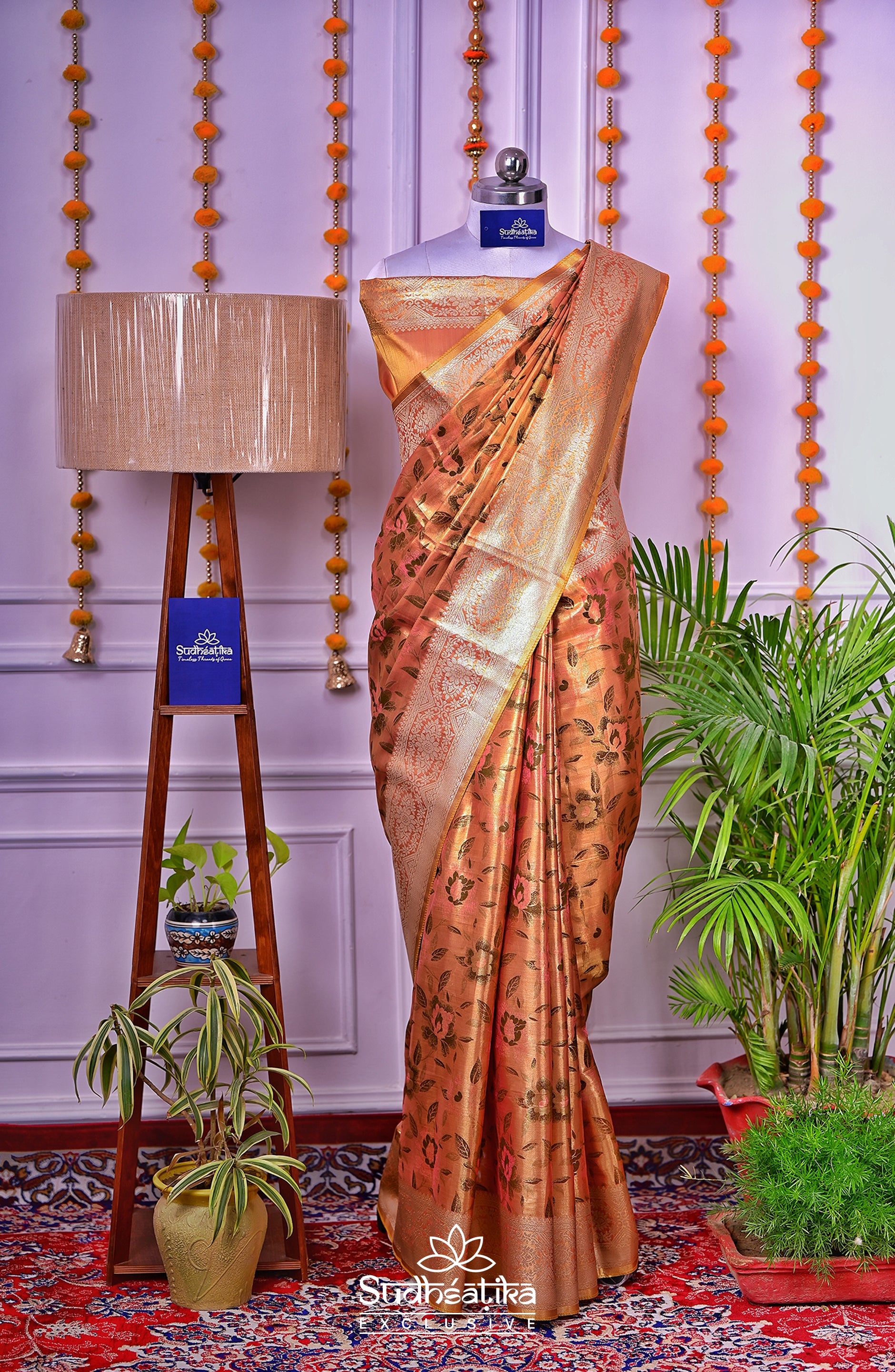 Golden-Peach Metallic Banarasi Tissue Silk Lightweight