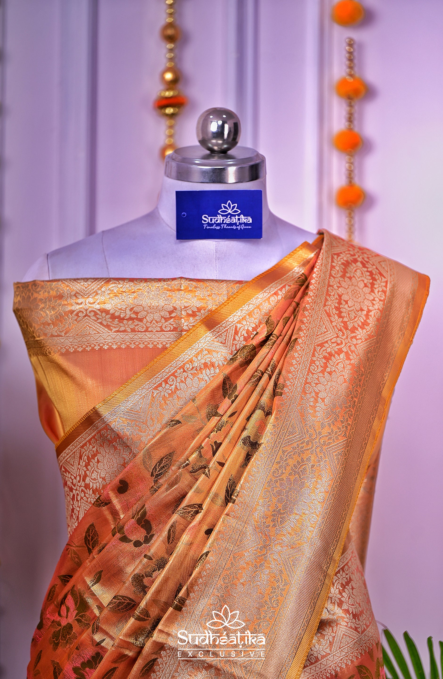 Golden-Peach Metallic Banarasi Tissue Silk Lightweight