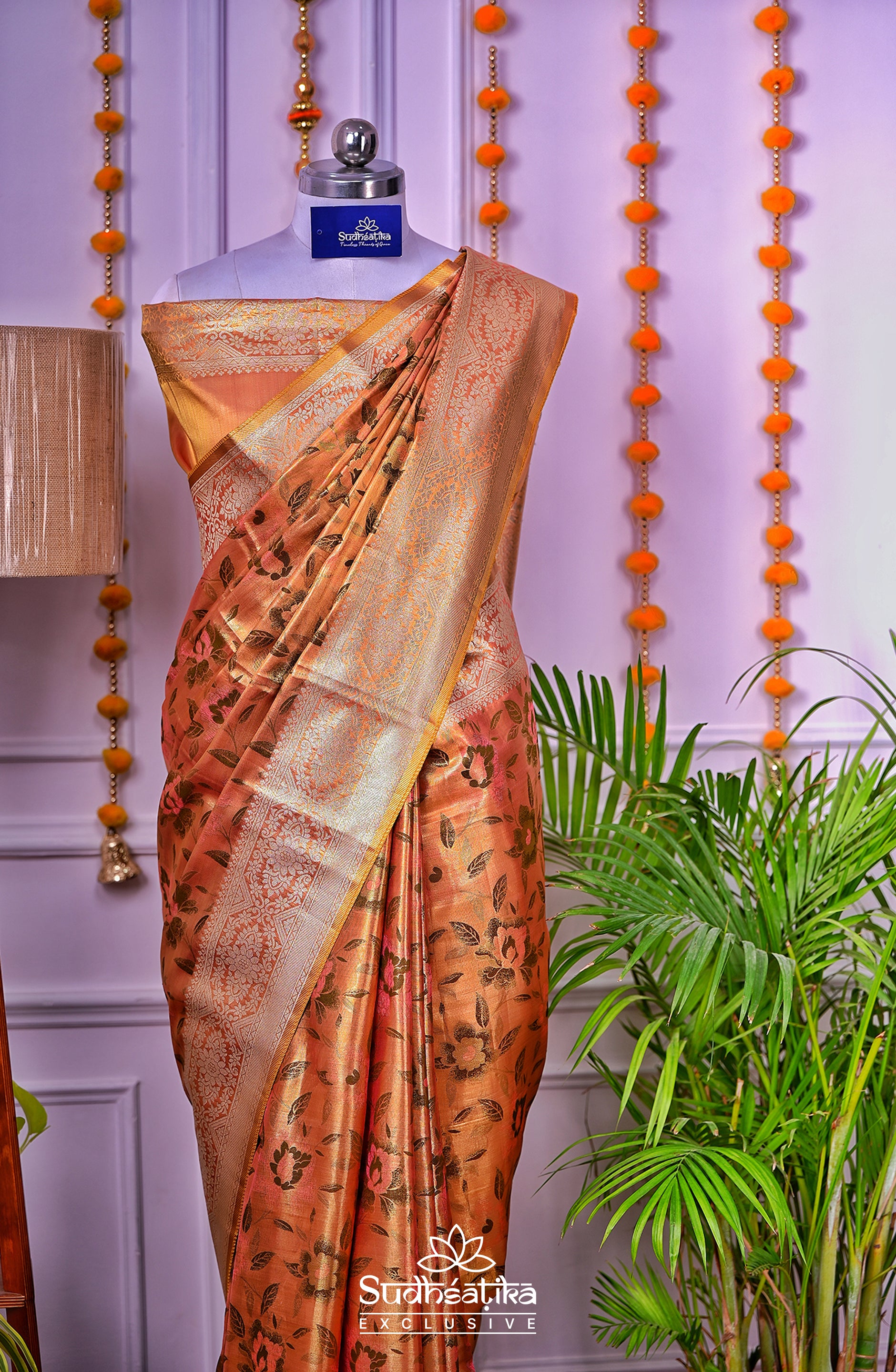 Golden-Peach Metallic Banarasi Tissue Silk Lightweight