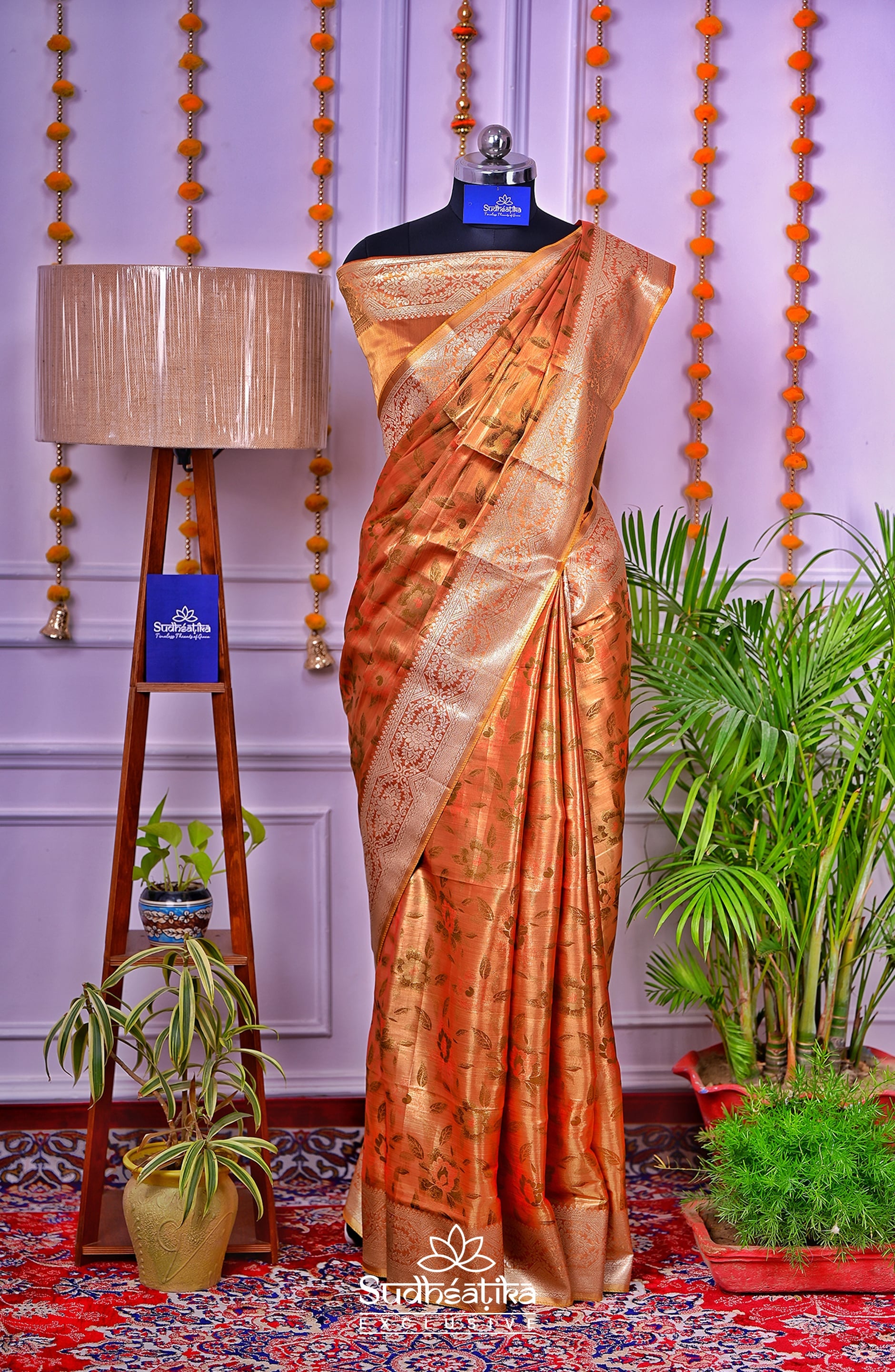 Golden-Rust Metallic Banarasi Tissue Silk Lightweight Saree