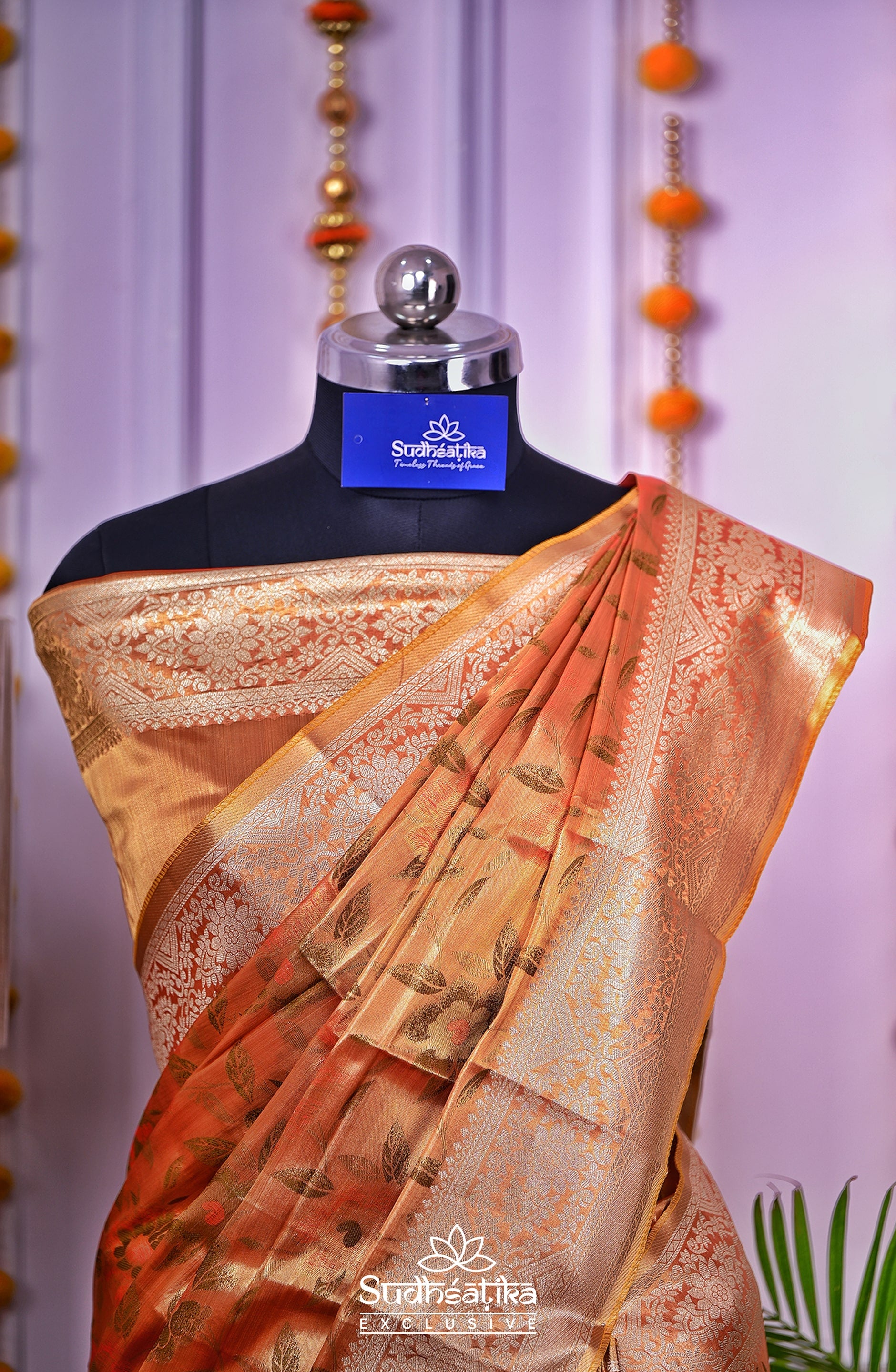 Golden-Rust Metallic Banarasi Tissue Silk Lightweight Saree