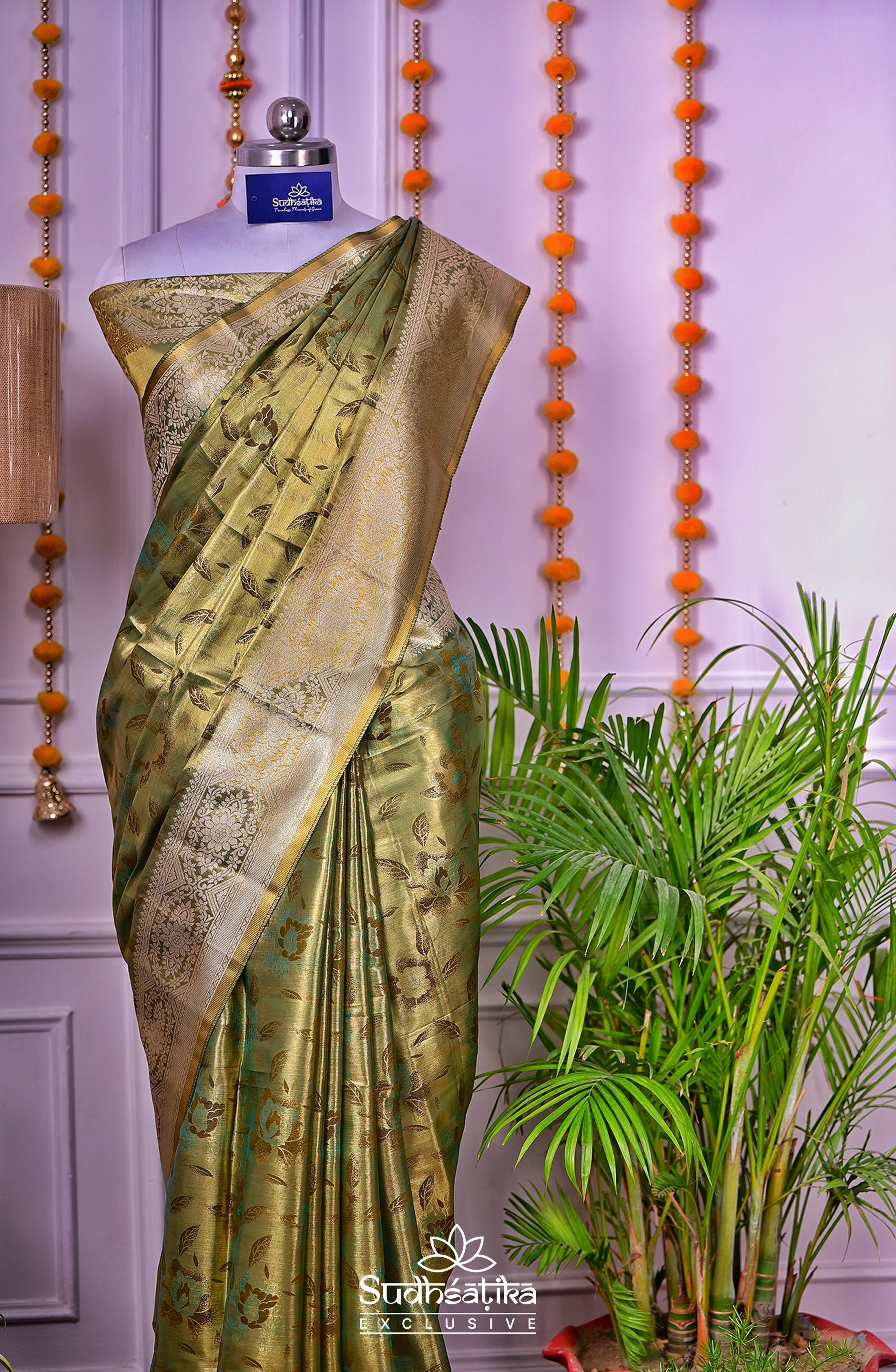 Golden-Sea Green Metallic Banarasi Tissue Silk Lightweight