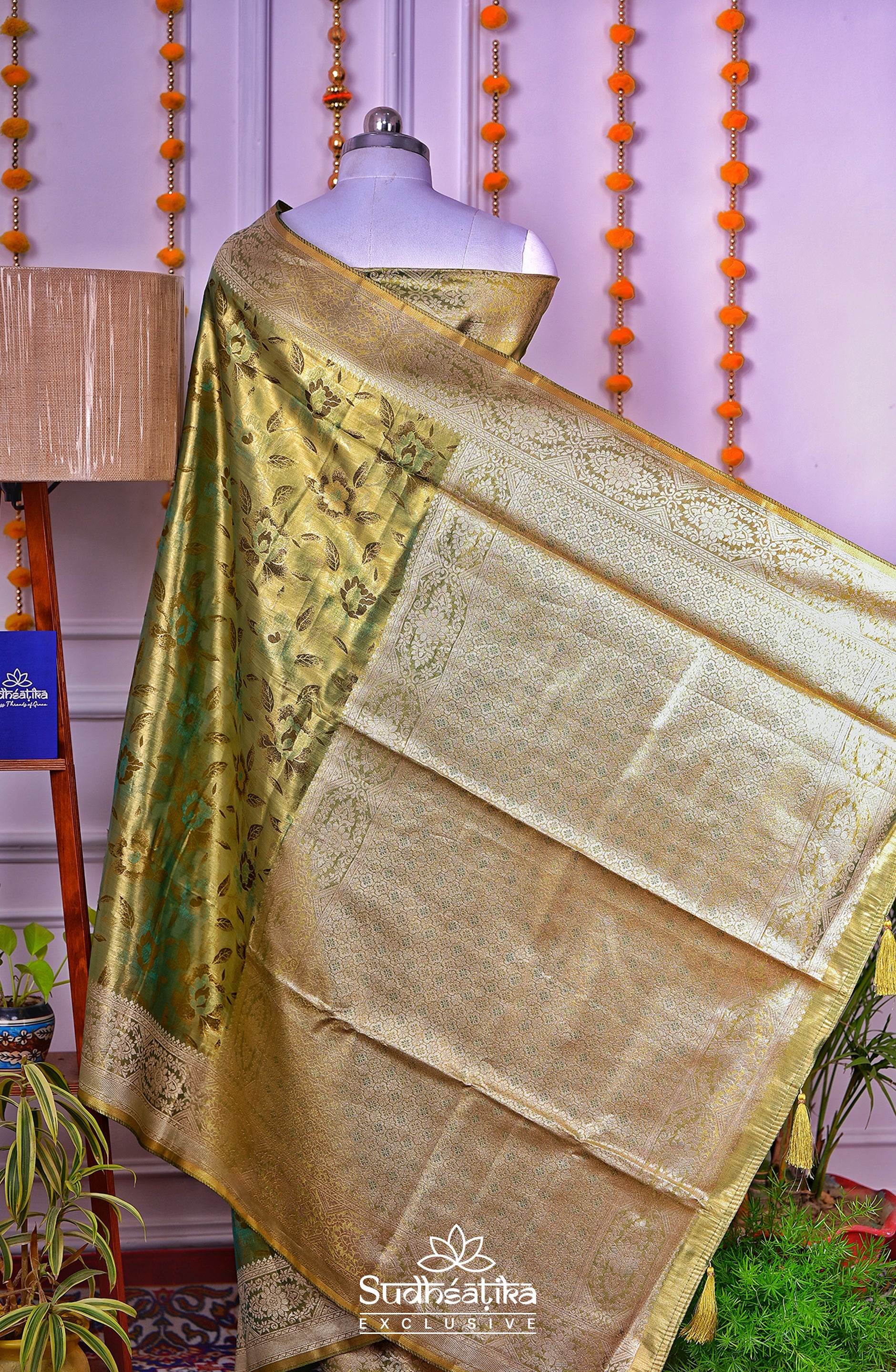 Golden-Sea Green Metallic Banarasi Tissue Silk Lightweight