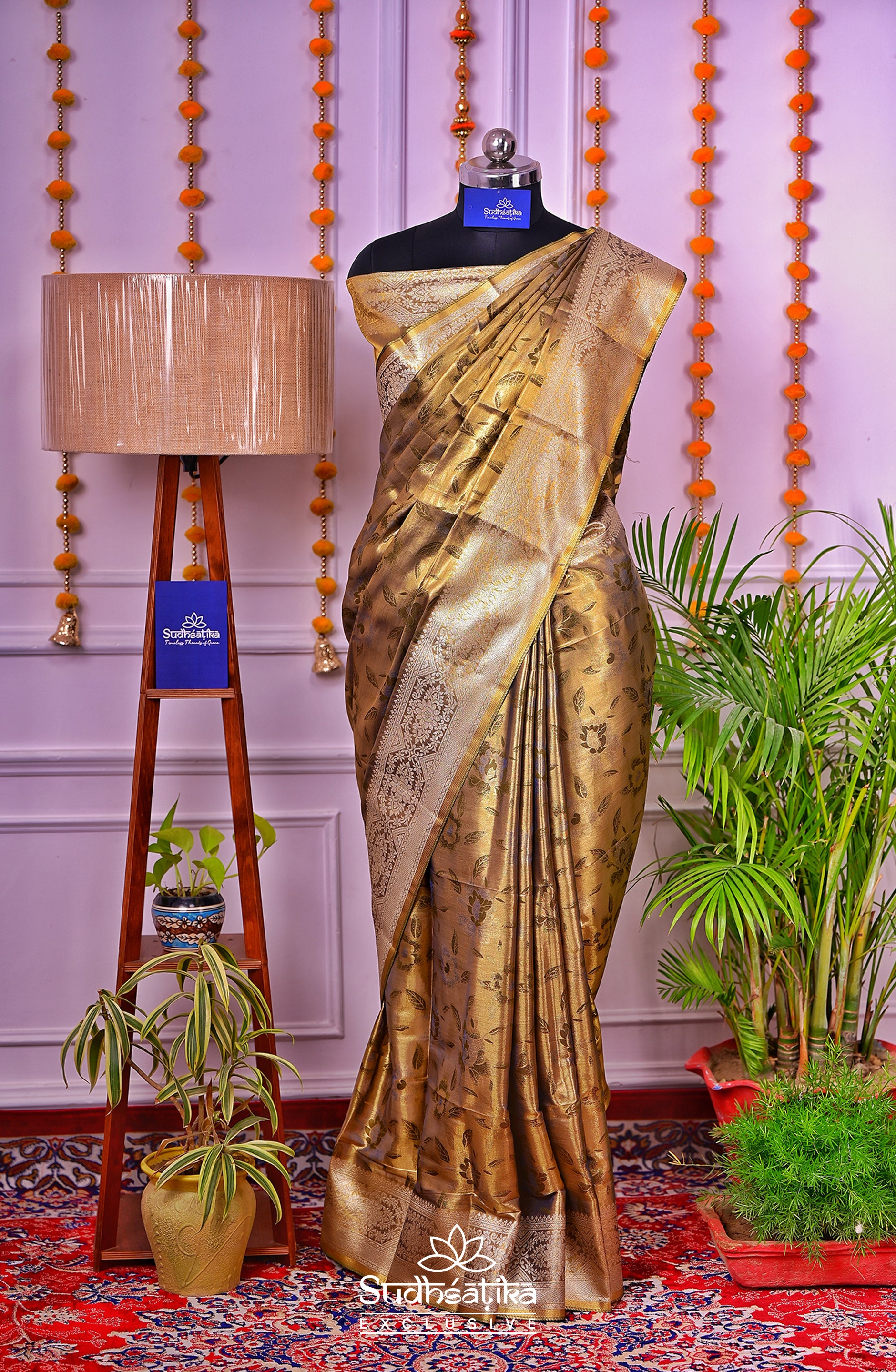 Golden-Mehandi Metallic Banarasi Tissue Silk Lightweight