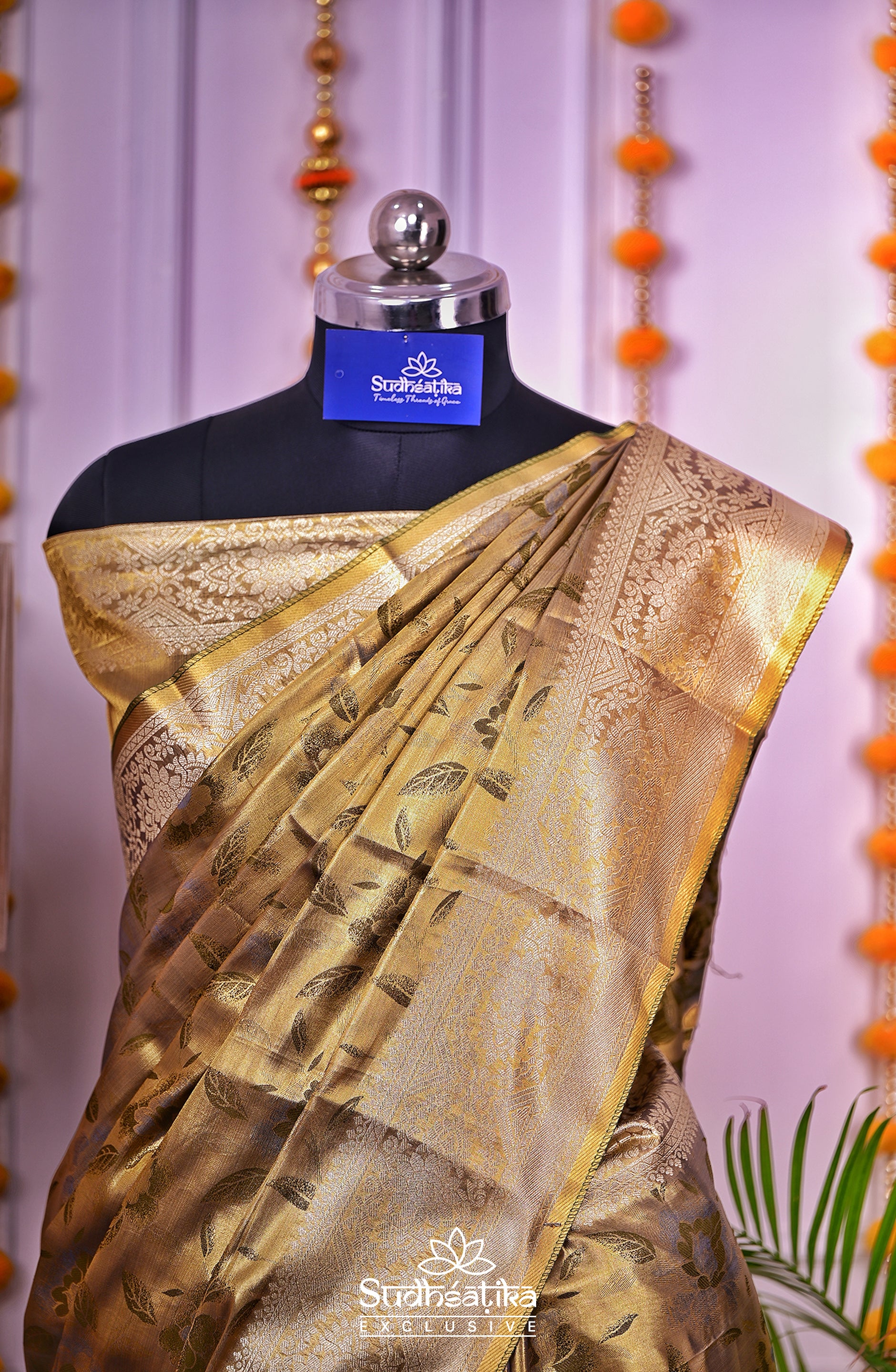 Golden-Mehandi Metallic Banarasi Tissue Silk Lightweight
