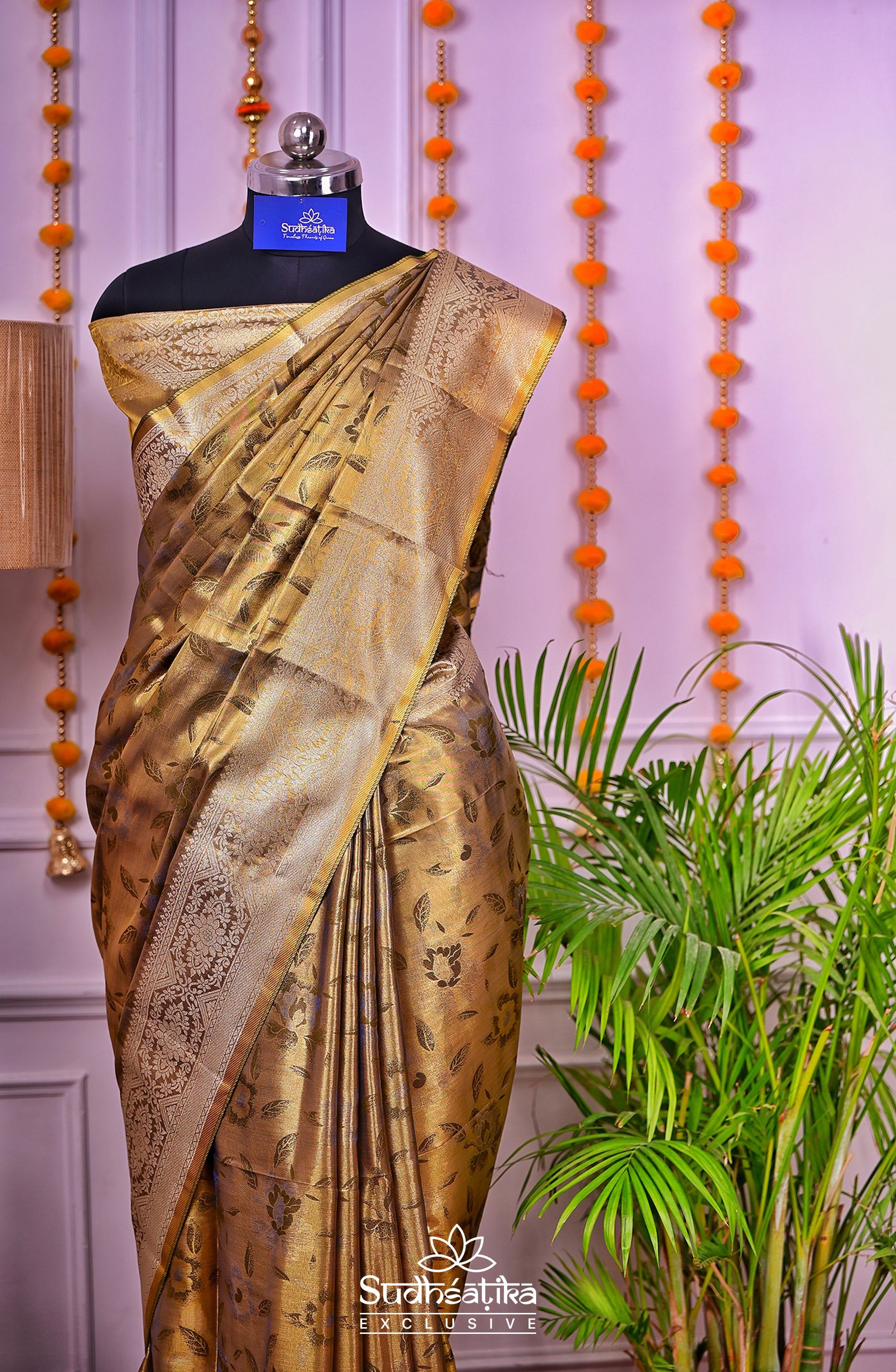 Golden-Mehandi Metallic Banarasi Tissue Silk Lightweight