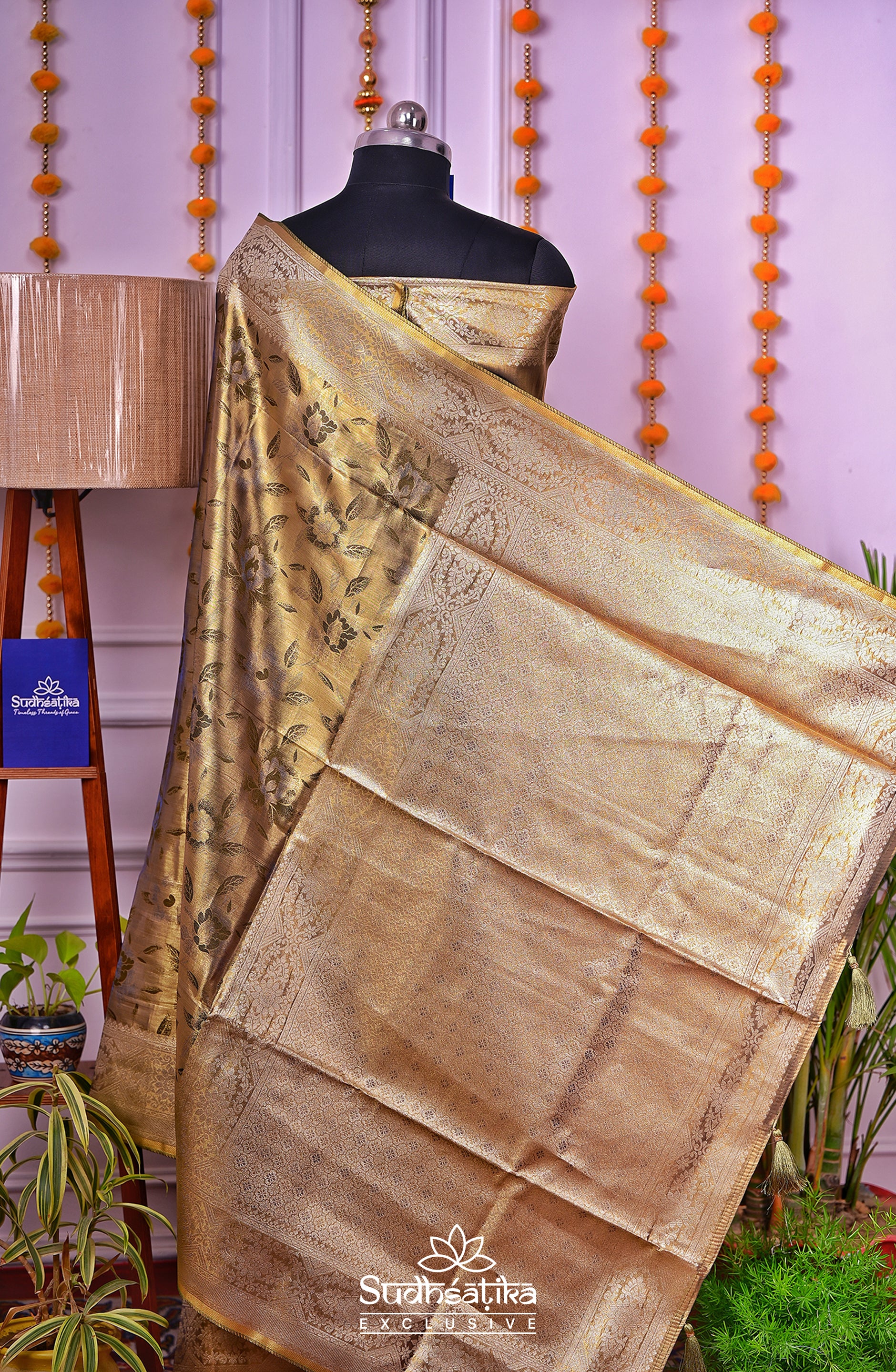 Golden-Mehandi Metallic Banarasi Tissue Silk Lightweight