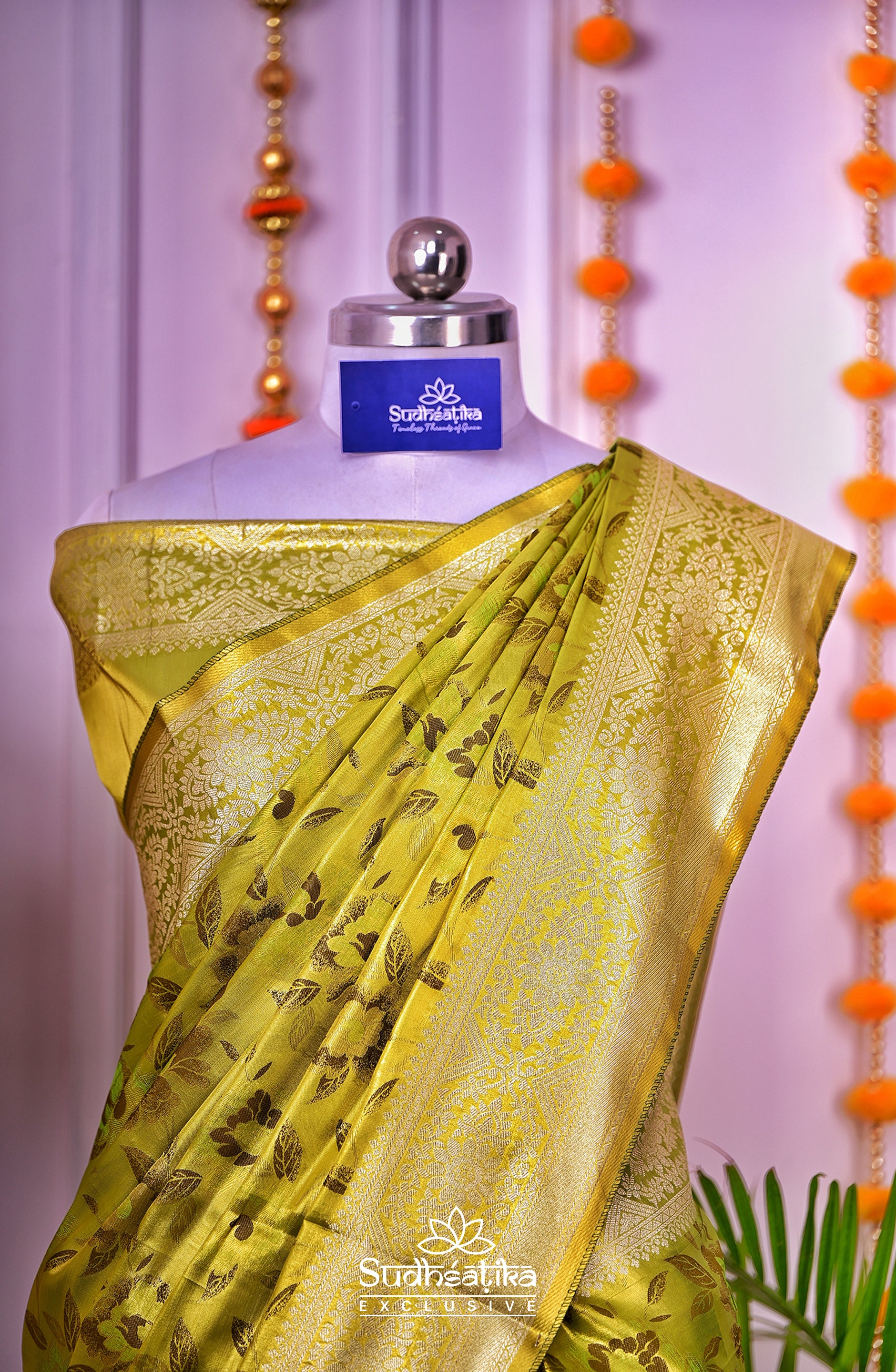 Golden-Parrot Green Metallic Banarasi Tissue Silk Lightweight
