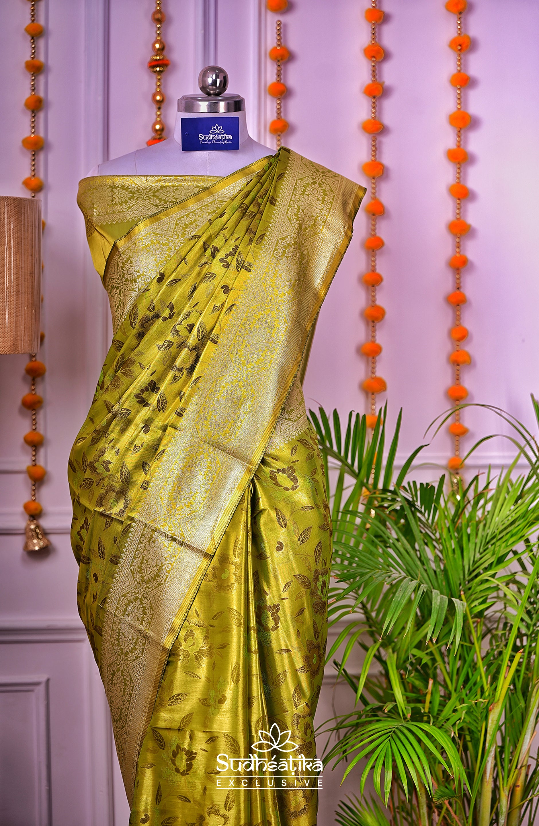 Golden-Parrot Green Metallic Banarasi Tissue Silk Lightweight