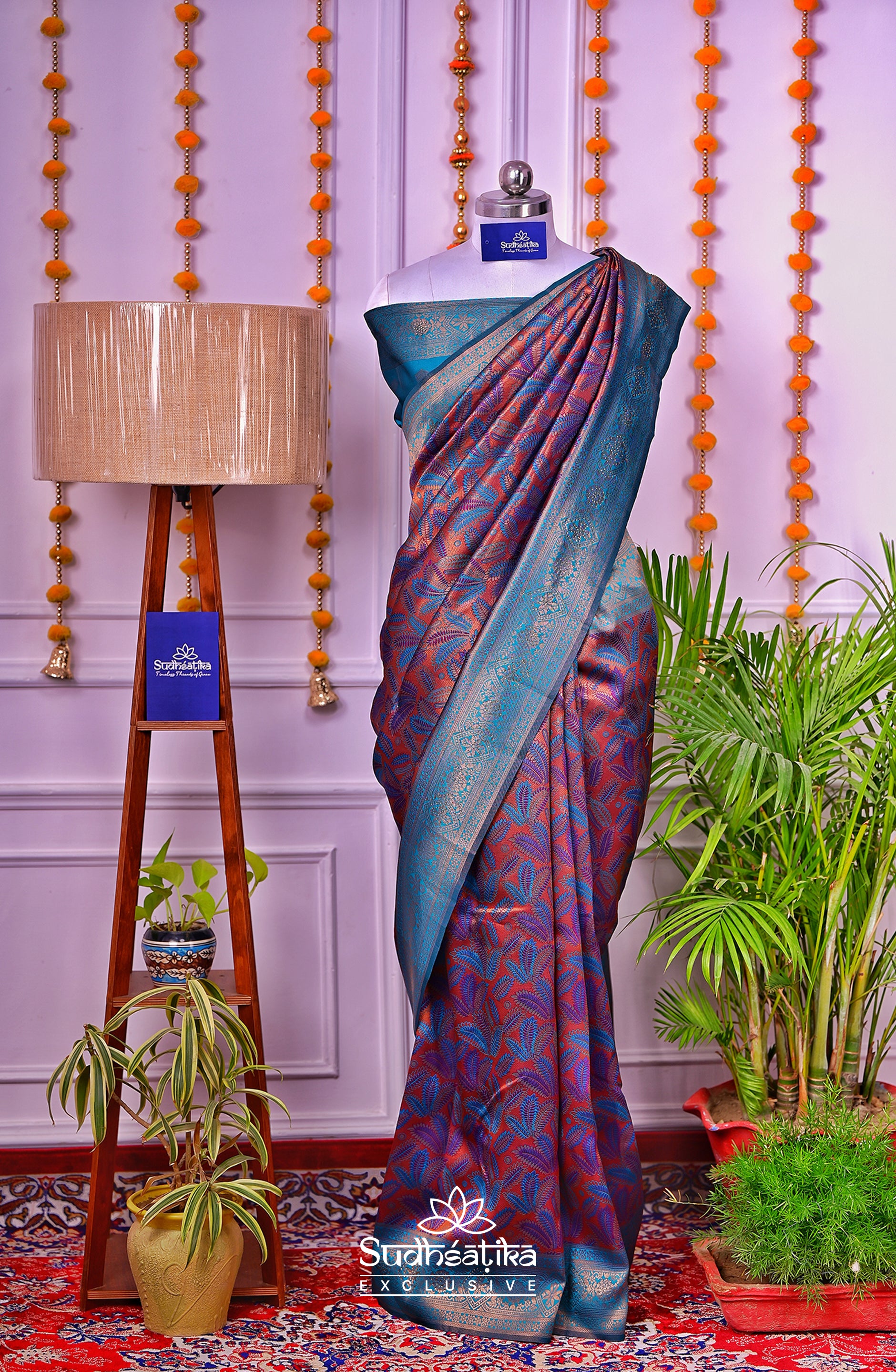 Rama Green & Rust-Orange Silk Woven Banarasi Saree Lightweight