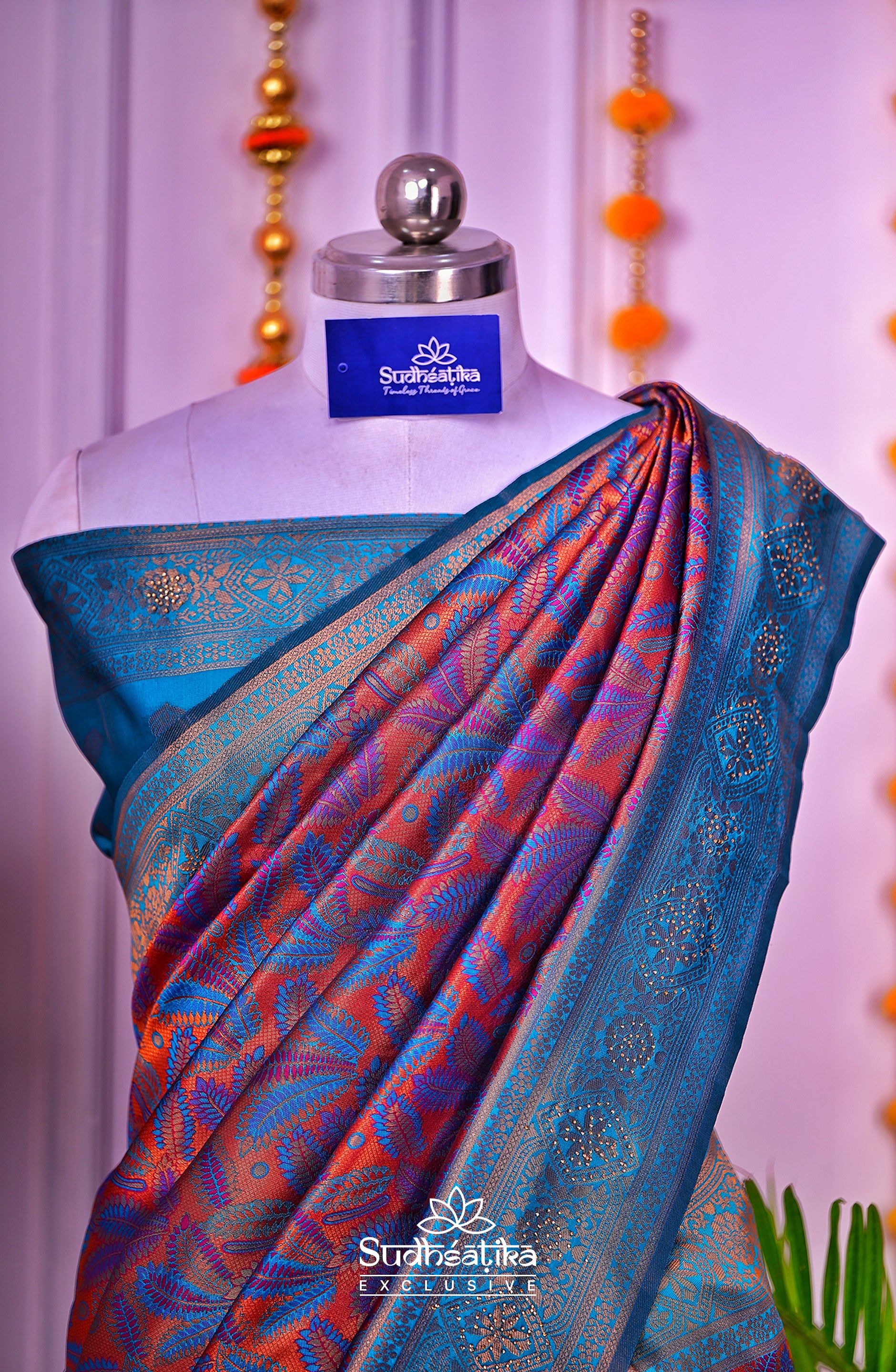 Rama Green & Rust-Orange Silk Woven Banarasi Saree Lightweight