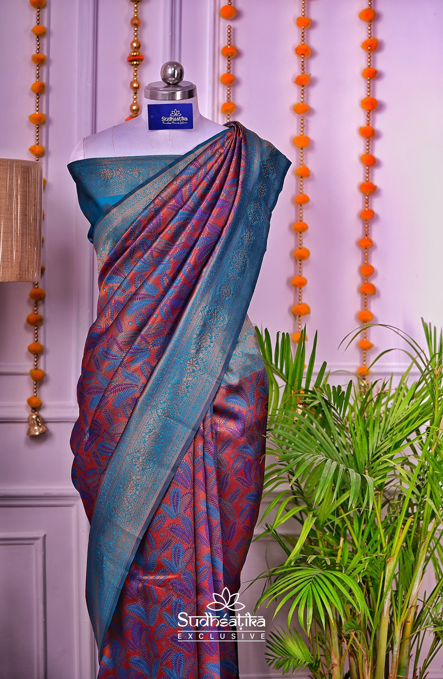 Rama Green & Rust-Orange Silk Woven Banarasi Saree Lightweight