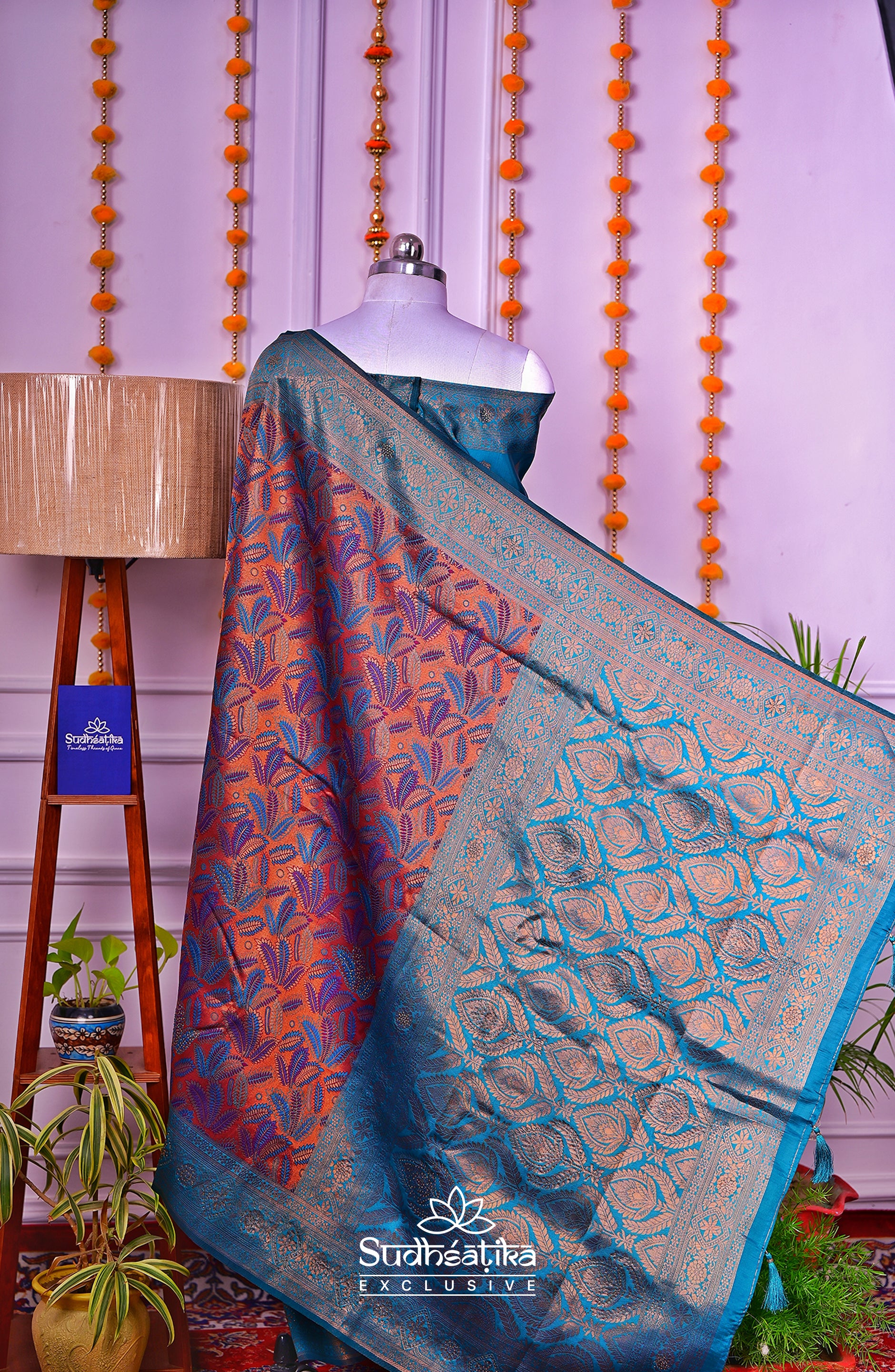 Rama Green & Rust-Orange Silk Woven Banarasi Saree Lightweight