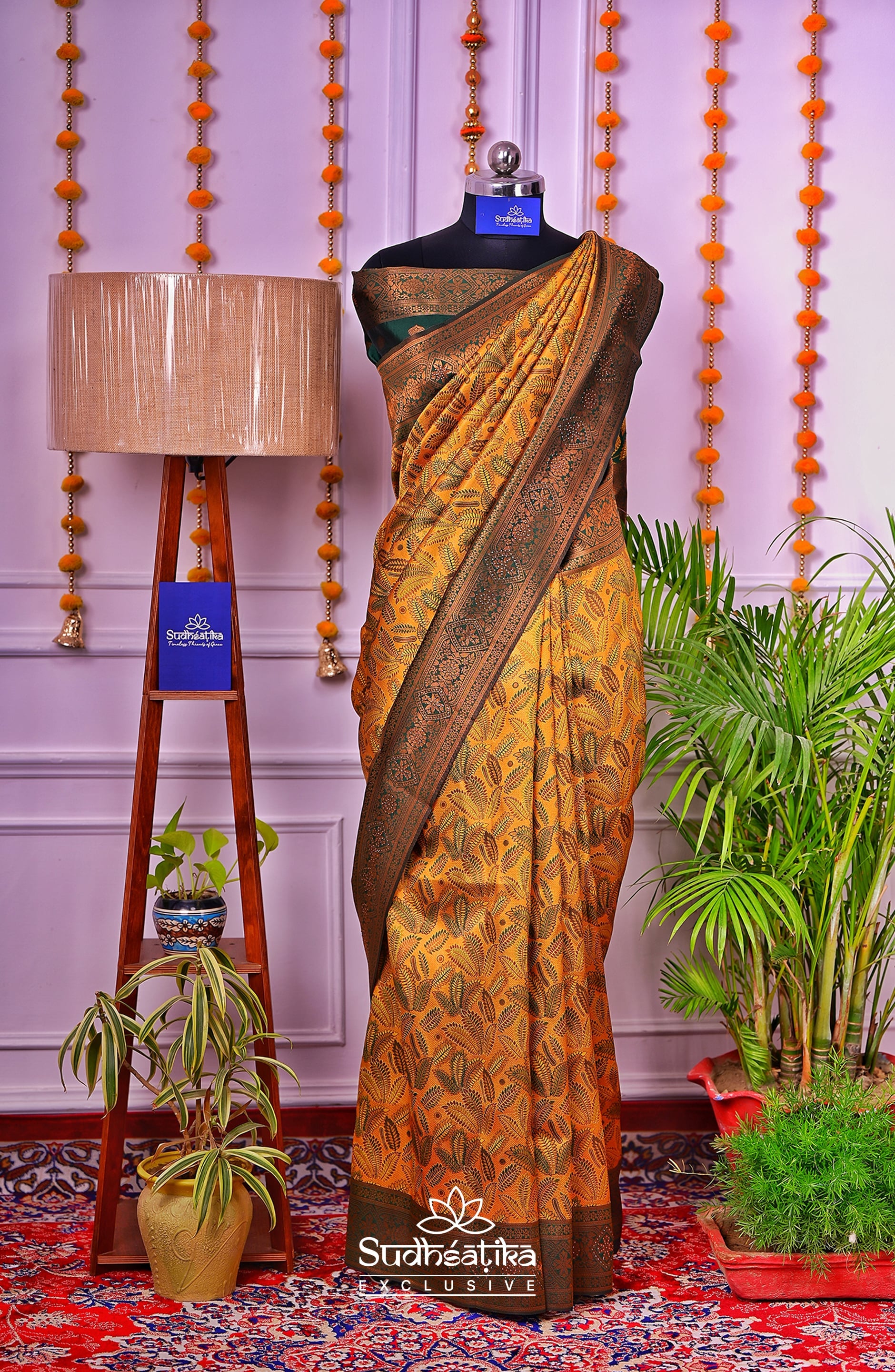 Mustard Yellow and Dark Green Silk Woven Banarasi Saree Lightweight