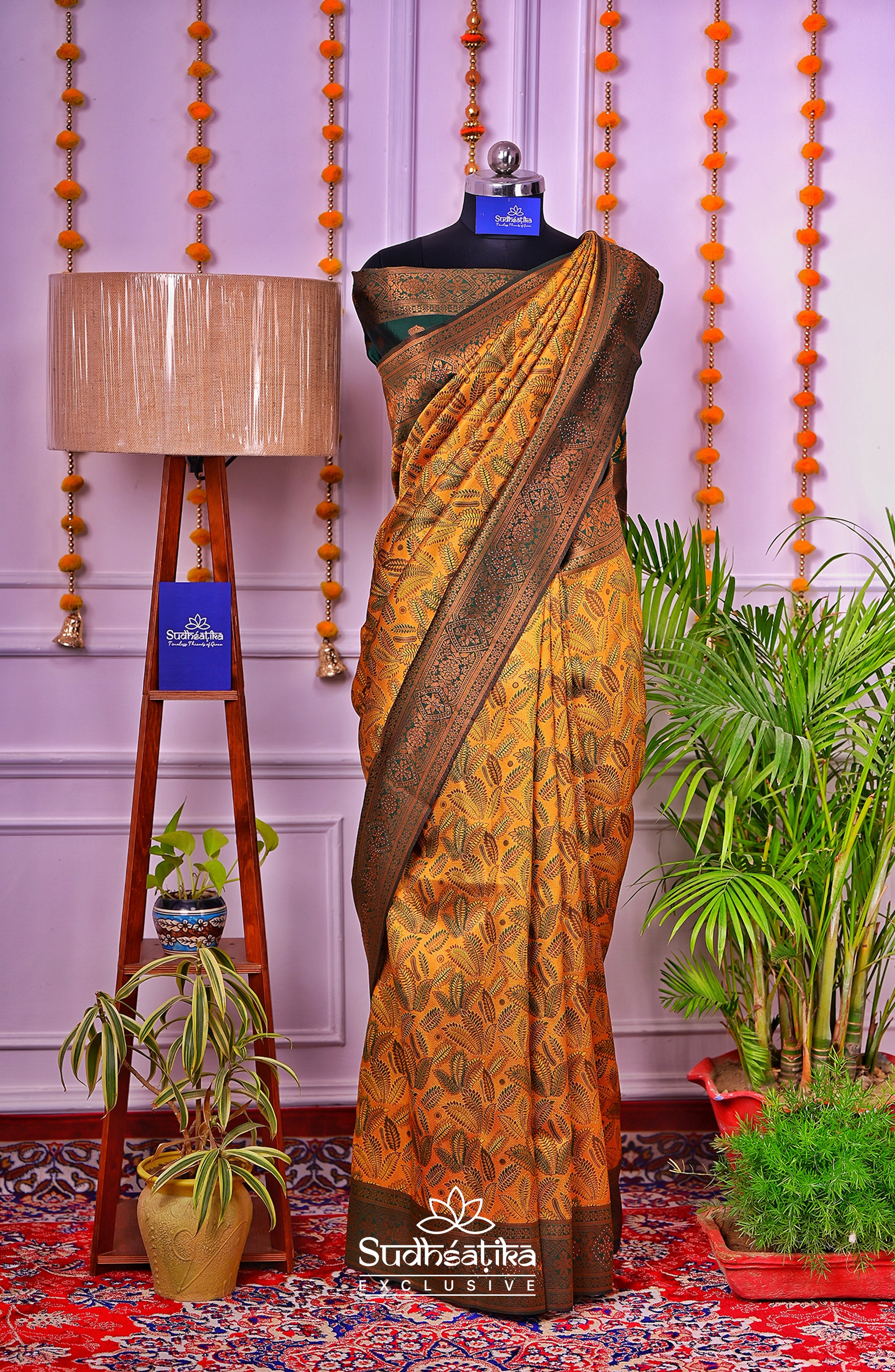 Mustard Yellow and Dark Green Silk Woven Banarasi Saree Lightweight