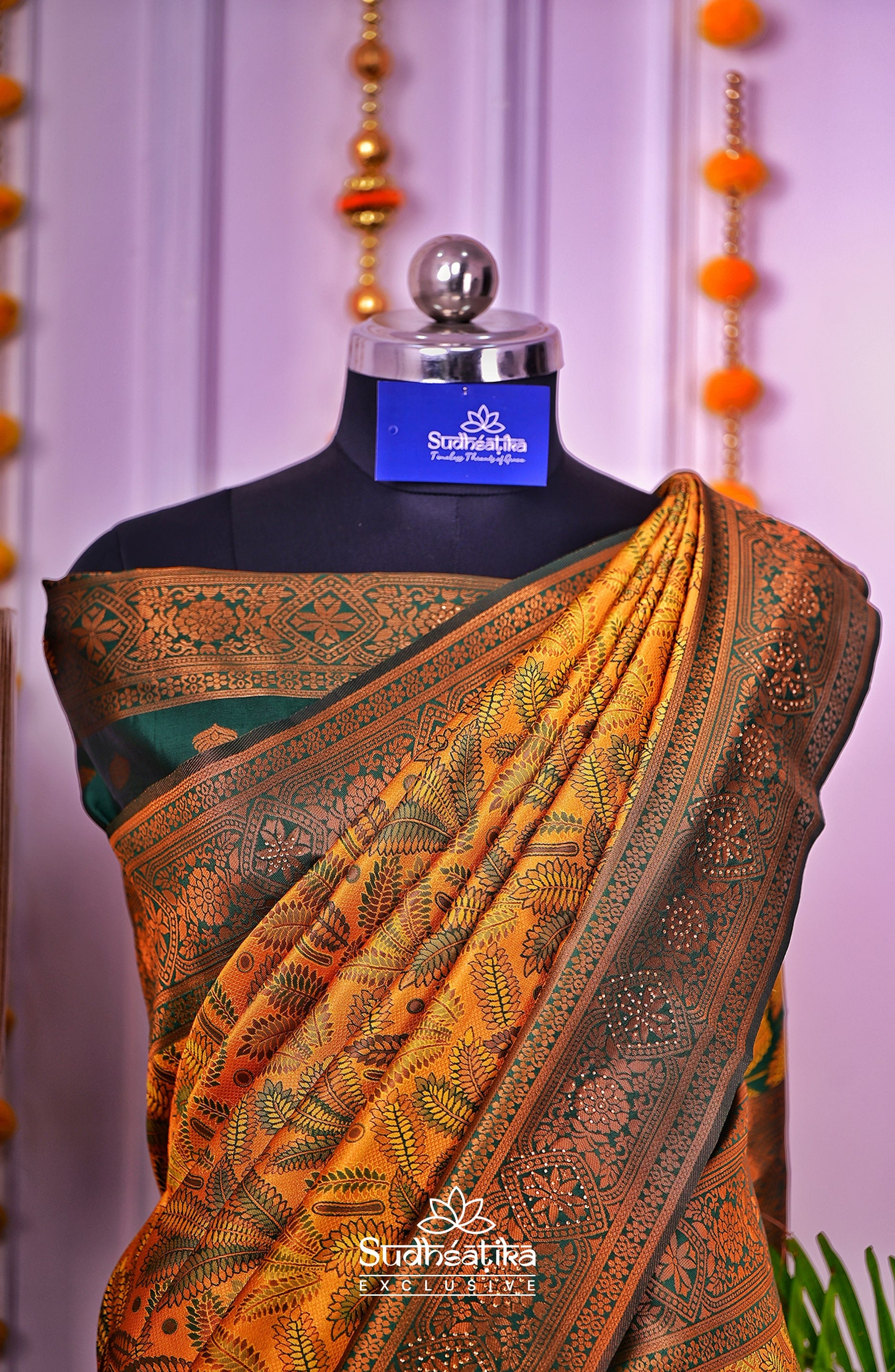 Mustard Yellow and Dark Green Silk Woven Banarasi Saree Lightweight