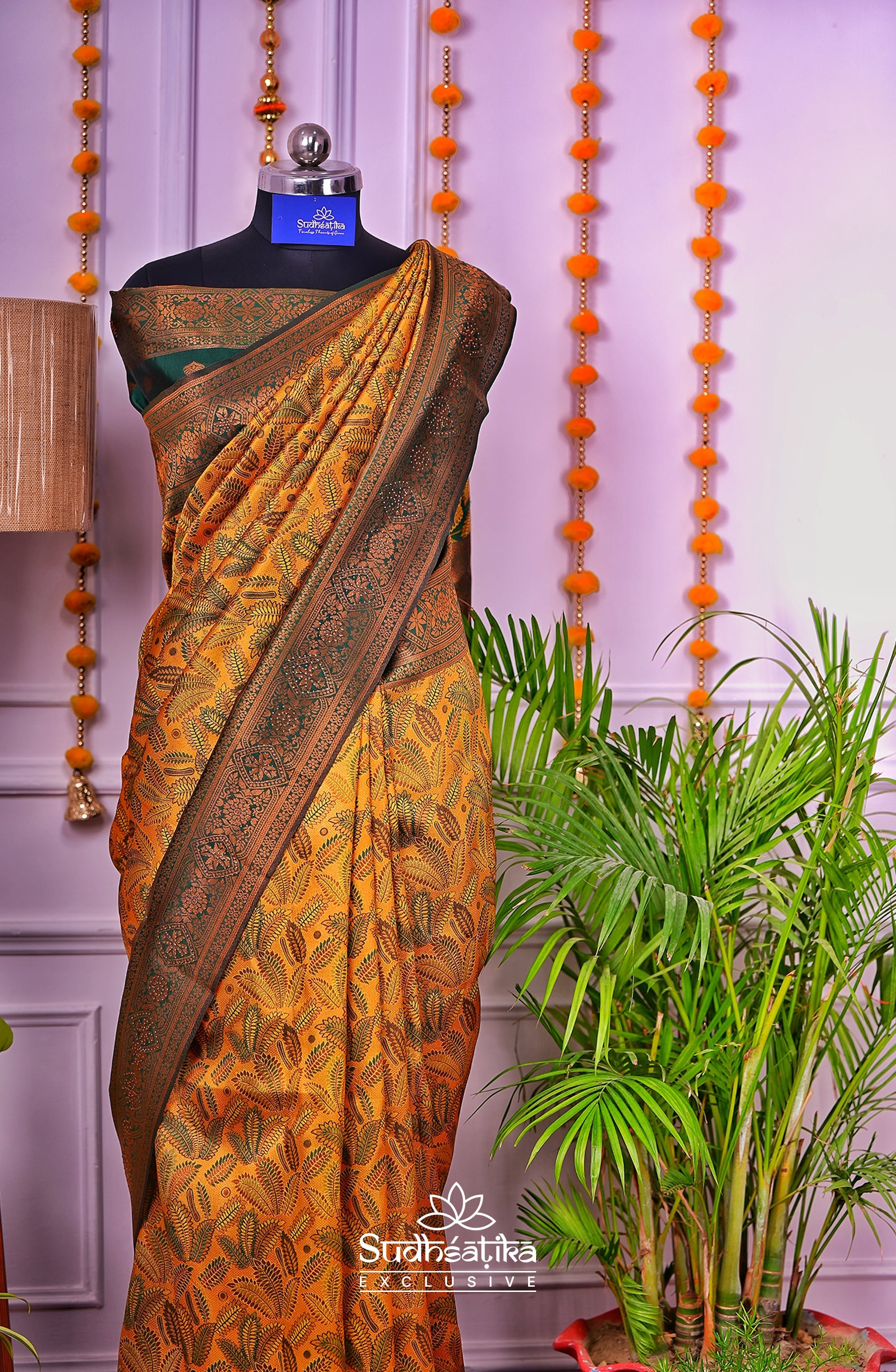 Mustard Yellow and Dark Green Silk Woven Banarasi Saree Lightweight